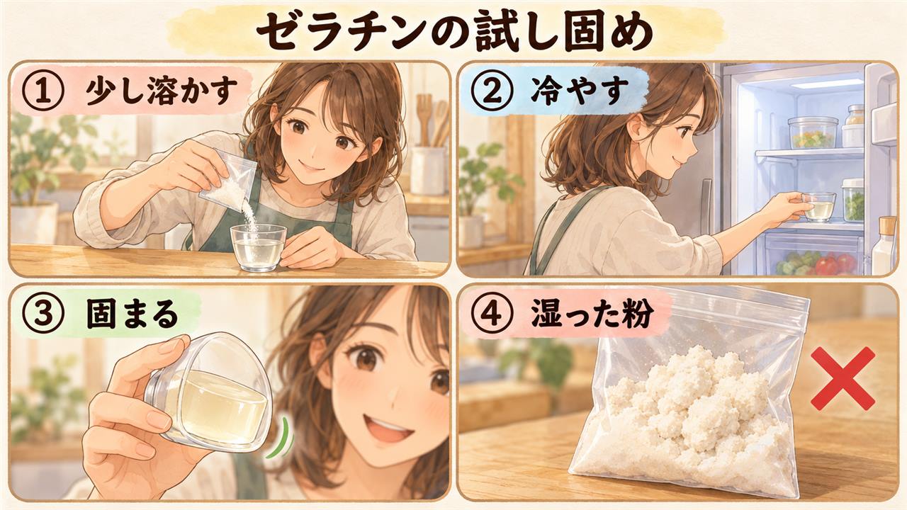 図解：ゼラチンの試し固め（少し溶かす・冷やす・固まる・湿った粉）