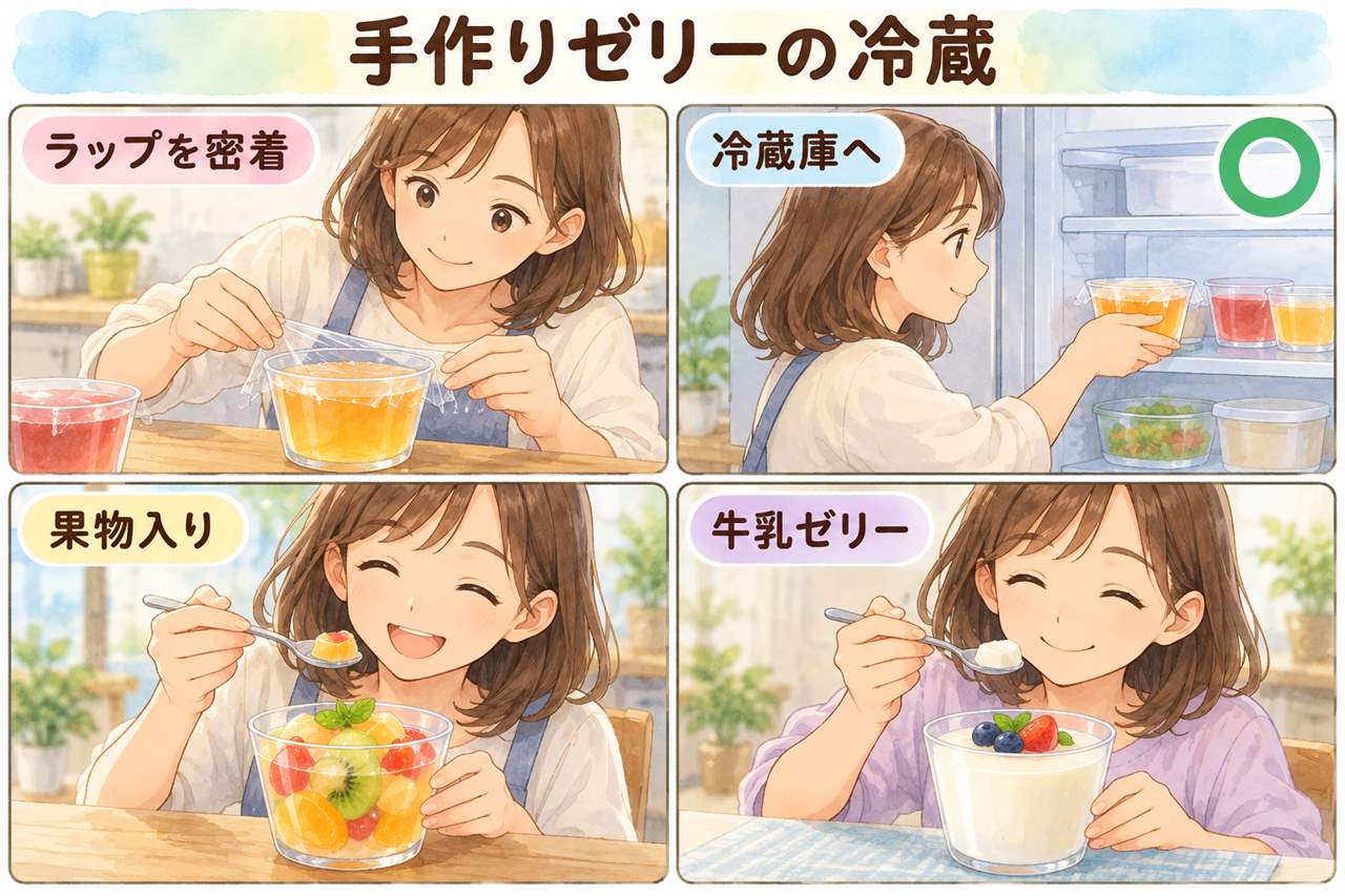 図解:手作りゼリーの冷蔵(ラップを密着・冷蔵庫へ・果物入り・牛乳ゼリー)