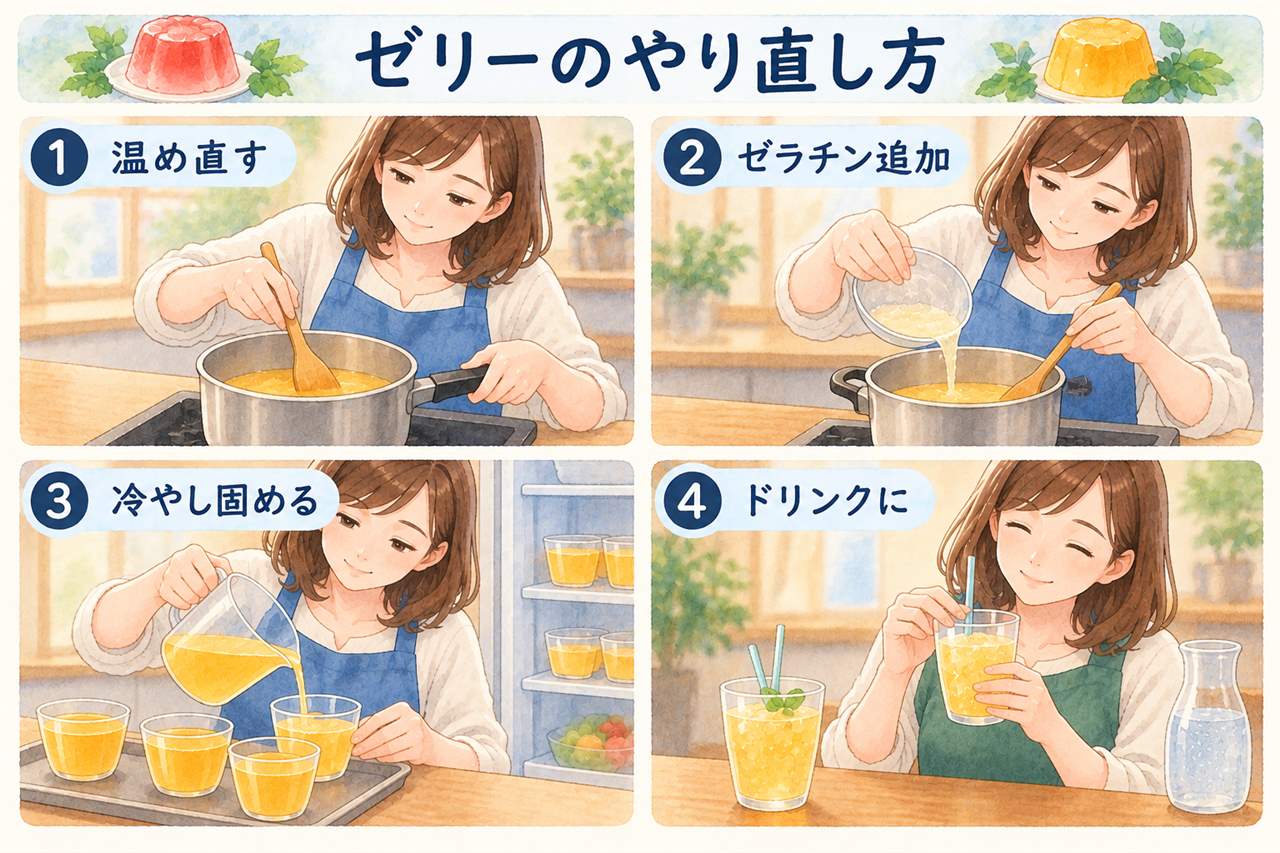 図解:ゼリーのやり直し方(温め直す・ゼラチン追加・冷やし固める・ドリンクに)