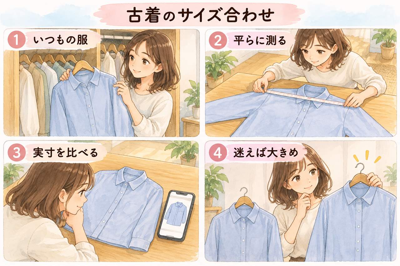 図解:古着のサイズ合わせ(いつもの服・平らに測る・数字を比べる・迷えば余裕を持つ)