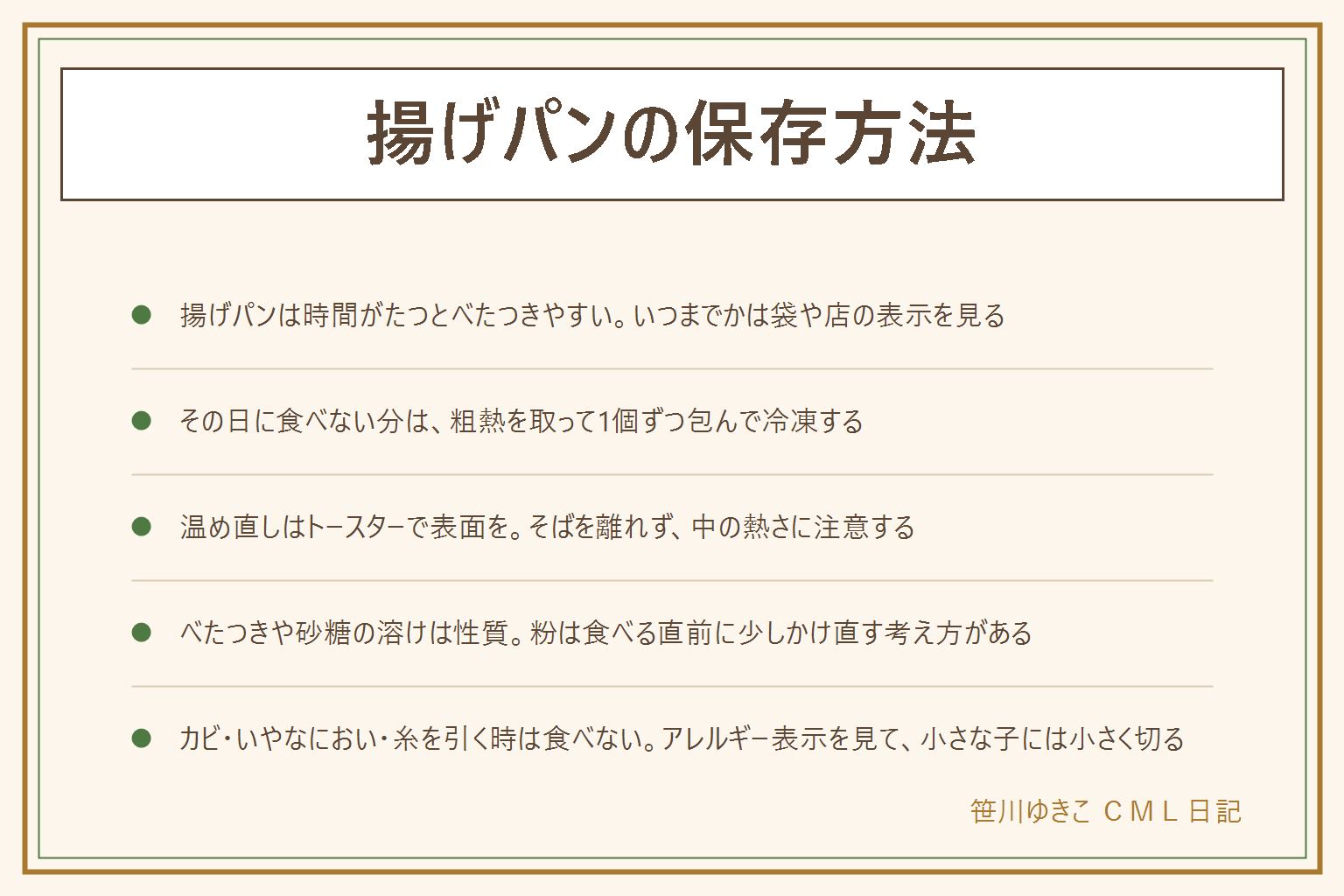 揚げパンの保存方法の早見表:揚げパンは時間がたつと油と砂糖がしみてべたつきやすい。日持ちは袋や店の表示どおりに。その日に食べるなら袋のまま涼しい所へ。食べきれない分は粗熱を取り、1個ずつラップでふんわり包み、冷凍用の保存袋に入れて空気を抜き、日付を書く。食べる時は室温か冷蔵庫で戻し、トースターで表面を温める。そばを離れず、アルミホイルは説明書の範囲で、中が熱いのでやけどに注意。砂糖やきなこは食べる直前に少し足す。カビやいやなにおい、糸を引く時は食べない。小麦・卵・乳は表示で確認し、小さな子には小さく切って座って食べさせる。