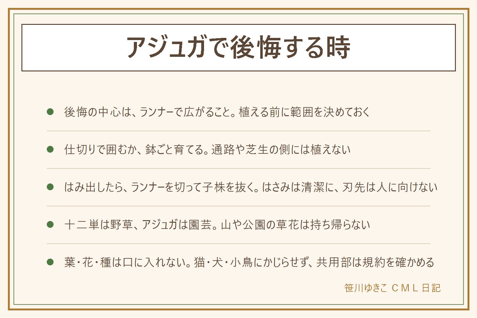 アジュガで後悔する時の早見表:後悔しやすいのはランナー(ほふく茎)で思ったより広がること。ランナーの先に子株ができて広がるので、植える前に花壇の仕切りや鉢ごとの植え方で範囲を決める。通路や芝生の側には植えない。はみ出したら手袋をして清潔なはさみでランナーを親株に近い所で切り、外の子株を根ごと抜く。抜いた株や土は自治体の決まりに従って処分する。十二単は野草でアジュガは西洋十二単と呼ばれる園芸の仲間、山や公園の草花は持ち帰らない。葉・花・種は口に入れず、猫・犬・小鳥にかじらせない。集合住宅の花壇は管理規約を確かめ、隣へはみ出したら話し合う