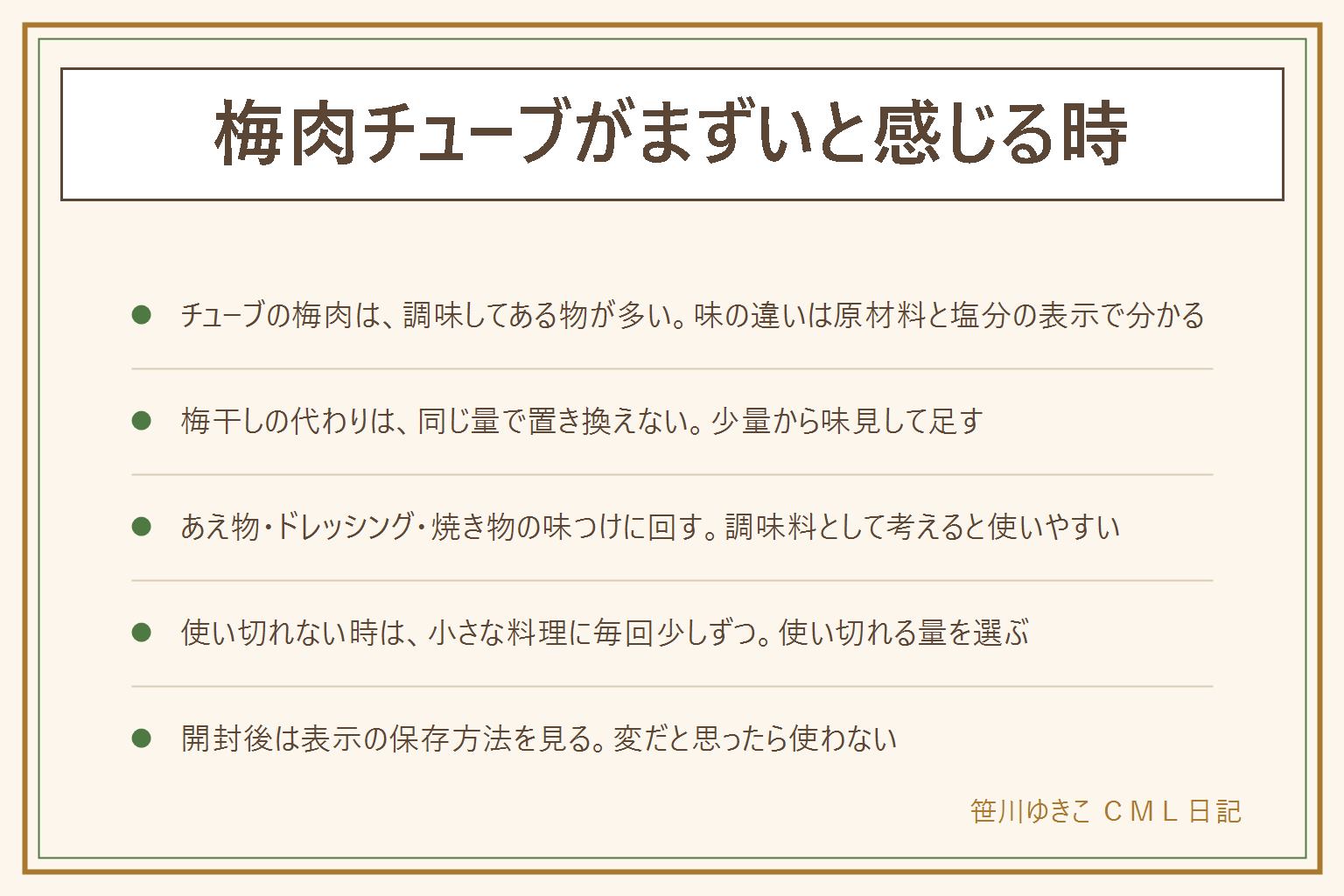 梅肉チューブがまずいと感じる時の早見表:チューブの梅肉は梅干しをそのまま絞り出した物とは限らず、調味してある物が多い。まずいと感じたら、パッケージの裏の原材料、塩分の表示、保存方法の3か所を見る。酸っぱい、塩辛い、甘い、梅干しの風味が弱いなど、感じた味ごとに考え方が違う。梅干しの代わりにする時は同じ量で置き換えず、少量から味見して足す。料理にはあえ物、ドレッシング、焼き物の味つけ、汁物の薬味に回す。使い切れない時は小さな料理に毎回少しずつ回し、使い切れる量を選ぶ。開封後は表示の保存方法を見て、清潔なスプーンで取り、においや色が変わったら使わない。小さな子どもには塩分に気をつける