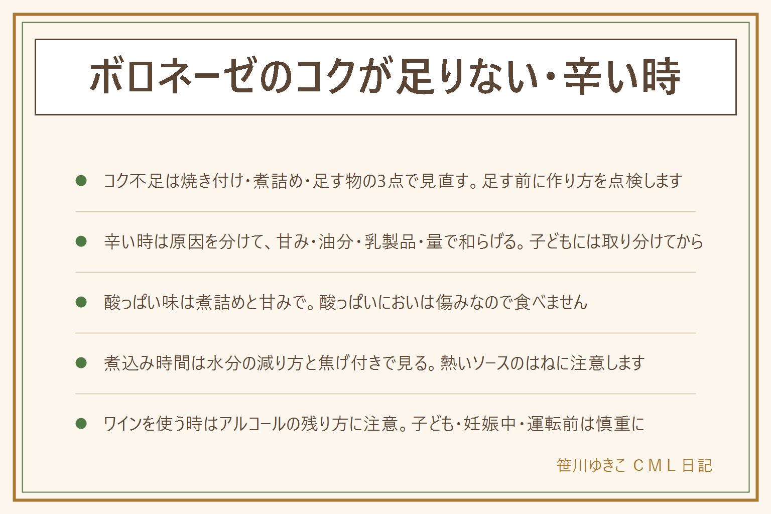 ボロネーゼのコクと辛さの早見表:コク不足は肉の焼き付け・水分の飛ばし方・うまみと油分と甘みの足り具合の3点で見直す。足す物はうまみがトマトペーストやきのこやチーズ、油分がオリーブオイルやバター、甘みが炒めた玉ねぎ、香りがローリエや黒こしょう。辛い時は原因を分けて甘み・油分・乳製品・量で和らげ、子どもには取り分けてから。酸っぱい味は煮詰めと甘みで調整し、酸っぱいにおいや泡は傷みなので食べない。煮込み時間は鍋底に筋が残るかなど水分の減り方と焦げ付きで見る。熱いソースのはねでやけどに注意。ワインのアルコールは煮た時間で残り方が変わるので子ども・妊娠中・運転前は慎重に