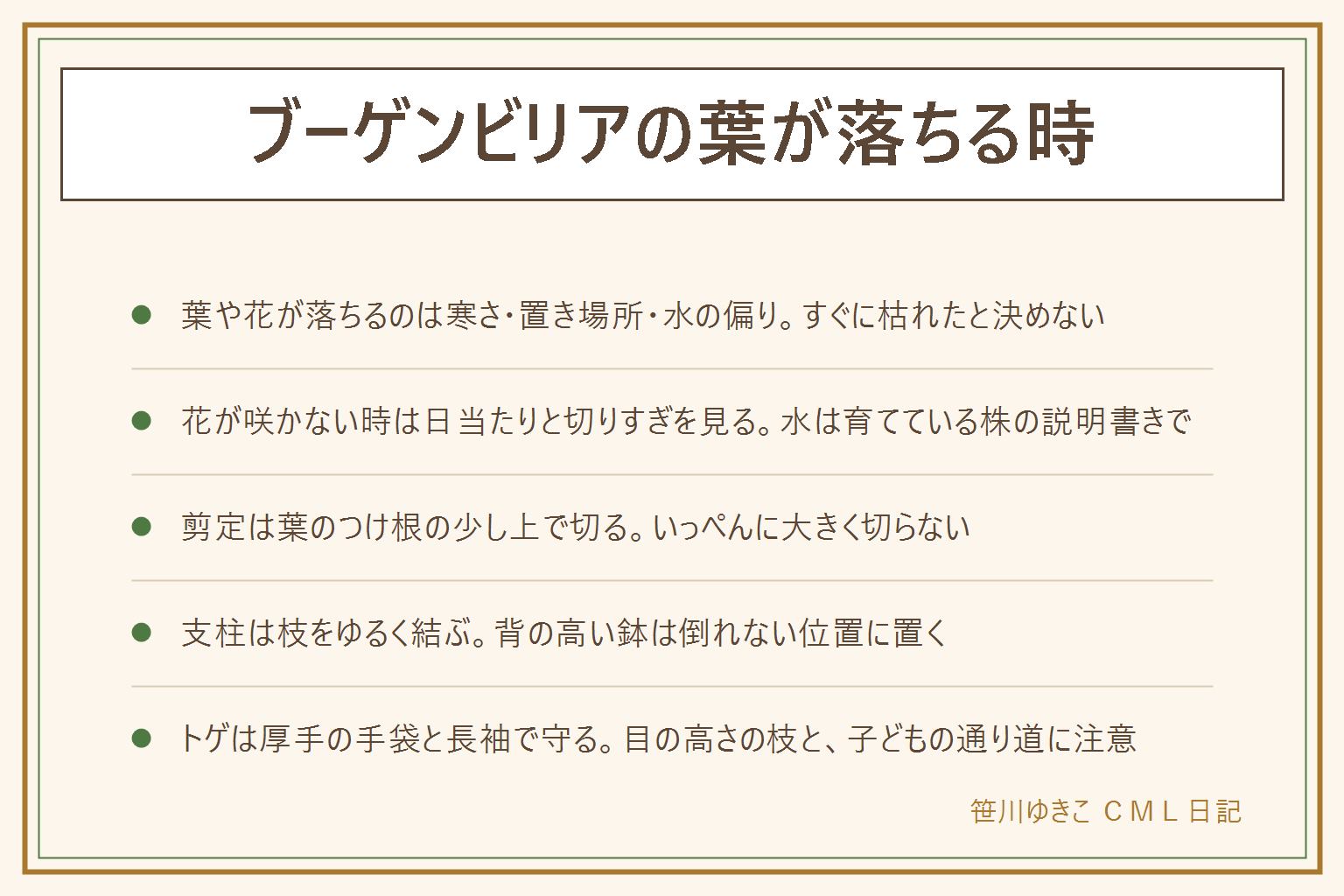 ブーゲンビリアの葉が落ちる時の早見表:葉や花がぱらぱら落ちるのは寒さ、置き場所の急な変化、水の偏りが多いと言われる。冬は葉が少なくても枯れたと決めず、枝を軽く削って緑色なら生きていることがある。室内に取り込む時は明るい窓辺から。花が咲かない時は日当たりと切りすぎを見る。剪定は葉のつけ根の少し上で切る、つけ根ぎりぎりや離れた所は避け、いっぺんに大きく切らない。支柱は枝をゆるく結び、背の高い鉢は倒れない位置に置く。トゲは厚手の手袋と長袖で守り、目の高さの枝に注意、子どもとペットの通り道に置かない。刺さったら流水で洗い、腫れや痛みが続く時は医療機関へ。集合住宅のベランダは管理規約が先
