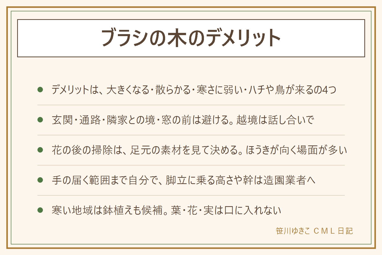 ブラシの木のデメリットの早見表:後悔しやすいのは、思ったより大きくなる、花が終わると散らかる、寒い地域で葉が傷むことがある、花にハチや鳥が来る、実が長く枝に残る、の5つ。植える前に場所と大きさの上限を決める。避けたい場所は玄関や通路のそば、隣の家との境、窓の前。越境は話し合いで、集合住宅や賃貸は管理規約を確認。花の後の落ちた物はほうきで掃く。切るのは手の届く範囲まで、刃物は刃先を体に向けず子どもの手の届かない所へ。脚立に乗る高さ、幹を切る、倒す、根を抜く作業は造園業者に相談。寒い地域は鉢植えにして冬は軒下や明るい室内へ。葉、花、実は口に入れない。花の時期はハチに近づかず手で払わない