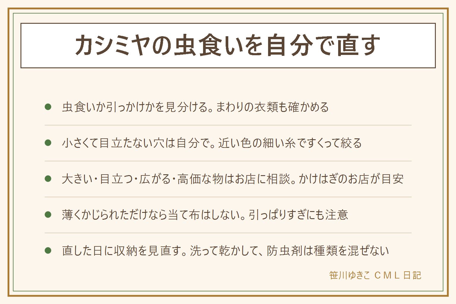 カシミヤの虫食いを自分で直す早見表:小さな穴がぽつぽつ開いていたり表面が薄くかじられていたら虫食い、糸が引きつれていたら引っかけた穴。小さくて目立たない穴は自分で直せる。近い色の細い糸を針に通し、穴のまわりの編み目をすくって小さく絞り、引っぱりすぎず、裏で糸を止める。大きい穴、目立つ前身ごろ、編み目がほどけて広がる穴、高価な物や形見はかけはぎのお店に相談する。薄くかじられただけなら当て布はしない。直した日は同じ引き出しの衣類を確かめ、洗って乾かしてから防虫剤を入れる。種類の違う防虫剤は混ぜず、針は子どもの手の届かない所で使う