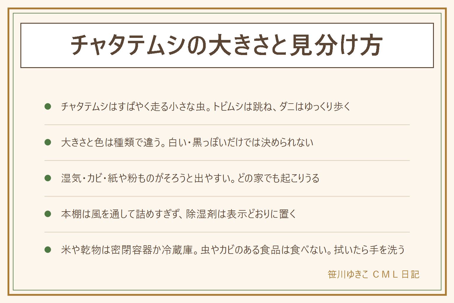 チャタテムシの見分けの早見表:チャタテムシはすばやく走る小さな虫で、トビムシはぴょんと跳ね、ダニはゆっくり歩く。大きさと色は種類や環境で違い、白い・黒っぽいだけでは決められない。湿気とカビと紙や粉ものがそろう本棚、押し入れ、乾物の袋のまわりに出やすい。本棚は風を通してぎっしり詰めず、置くタイプの除湿剤を表示どおりに使う。米や乾物は密閉容器に移し、冷蔵庫に入れる考え方もある。虫やカビ、異臭のある食品は食べない。拭き取りは使い捨ての紙で、掃除の後は手を洗う。家庭用洗剤は表示どおりで、塩素系と酸性は混ぜない。体調が気になる時は医療機関に相談する。