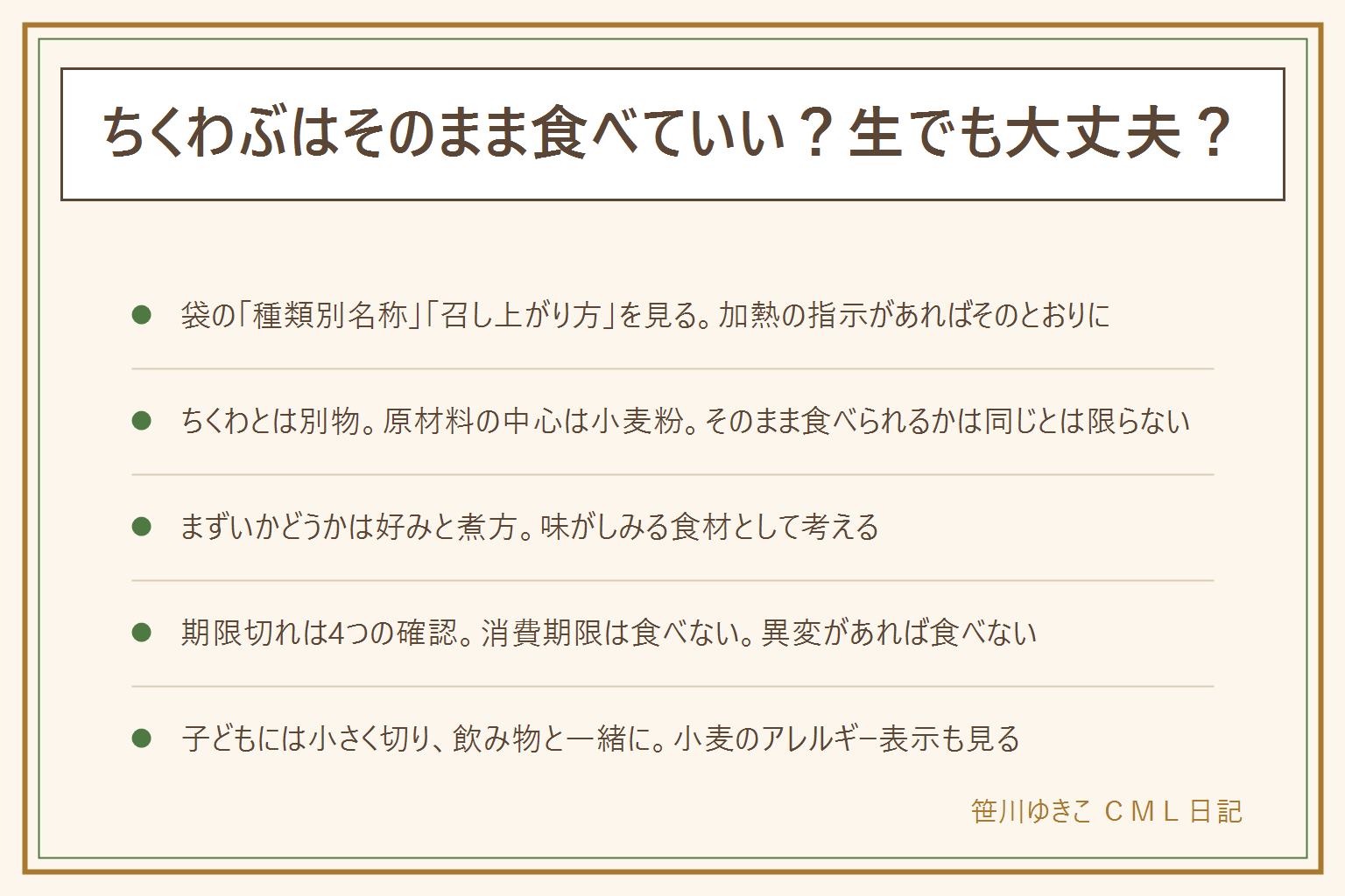 ちくわぶの早見表:ちくわぶは小麦粉を練った物で、魚のすり身のちくわとは別物。加熱して食べる商品が多いので、袋の種類別名称・召し上がり方・保存方法を見て、加熱の指示があればそのとおりにする。表示が分からない時はメーカーの案内を見る。まずいと言われるのは、それ自体に強い味がなく煮汁の味をうけとる食材であること、食感の好み、煮すぎが理由で、好みと調理で変わる。レンジは表示がある時だけ。賞味期限切れは、賞味期限か消費期限か、未開封で表示どおりの保存か、異変がないか、食べる相手の4つで確認し、消費期限を過ぎた物は食べない。子どもには小さく切り、飲み物と一緒に、大人がそばで見守り、小麦のアレルギー表示を見る。太るかどうかは栄養成分表示と1回の量で見る。持病や妊娠中は医師や管理栄養士に相談する