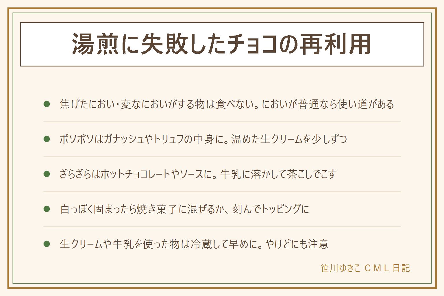 湯煎に失敗したチョコの再利用の早見表:焦げたにおいや変なにおいがする物は食べずに処分する。においが普通なら使い道がある。ボソボソやもったりは温めた生クリームを小さじ1杯ずつ足してガナッシュやトリュフの中身に。ざらざらやつやなしは牛乳に溶かしてホットチョコレートやソースに、目安はチョコひとかけに牛乳コップ1杯で、粒は茶こしでこす。白っぽく固まったら焼き菓子の生地に混ぜるか刻んでトッピングに、シリコン型で固め直しもできる。元の板チョコには戻らない。生クリームや牛乳を使った物は冷蔵して早めに食べ、お湯と温めた牛乳のやけどに注意する