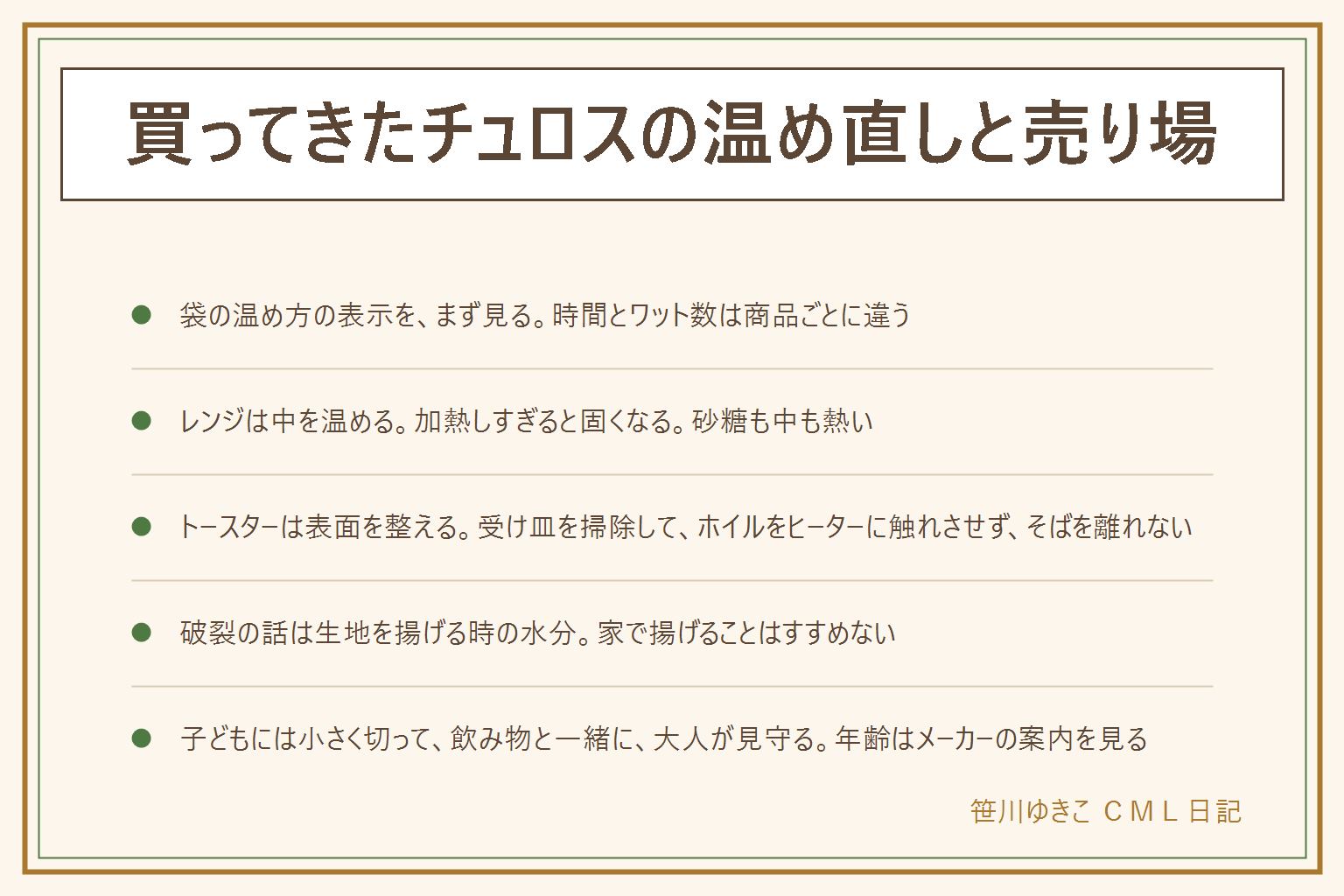 チュロスの温め直しの早見表:まず袋の温め方の表示を見る。レンジは中を温める道具で、加熱しすぎると固くなり、砂糖も中も熱いので取り出す時は鍋つかみを使う。袋のままレンジにかけるのは表示がある時だけ。トースターは表面を整える道具で、砂糖と油が落ちて煙が出ることがあるため、受け皿を空にして掃除し、アルミホイルやクッキングシートをヒーターに触れさせず、そばを離れない。煙が続く時は電源を切って扉を開けずに様子を見る。破裂の話は生地を揚げる時の水分が原因で、家で生地から揚げることはすすめない。揚げ物をする時は油はねで顔を離す、煙が出たら火を止める、燃えた油に水をかけない。子どもには小さく切って飲み物と一緒に出し、大人がそばで見守る。熱いうちは出さない。年齢はメーカーの案内を見て、アレルギー表示も確認する。売り場は冷凍食品やお菓子、パンの近くで、店や時期によって変わる