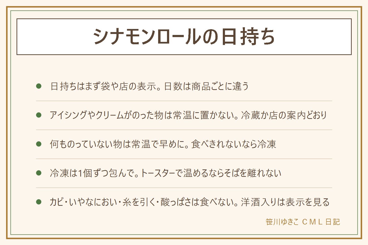 シナモンロールの日持ちの早見表:日持ちは店や商品で違うので、まず袋や店の表示を見る。アイシングやクリームがのった物は常温に置かず、冷蔵か店の案内どおりにする。何ものっていない焼きっぱなしの物は常温で早めに食べ、食べきれないなら冷凍。常温は直射日光や暑い部屋を避け、パンケースは拭いて乾かす。冷凍は1個ずつラップで包み、冷凍用の保存袋で空気を抜き、自然に戻す。温め直すなら上に何ものっていない物で、トースターはそばを離れず、アルミホイルは取扱説明書で確認し、中が熱くなるのでやけどに注意。カビ、いやなにおい、いつもと違う酸っぱさ、糸を引く時は食べない。洋酒を使う物もあるので、子どもやお酒を控えている人、運転する人は表示を見る