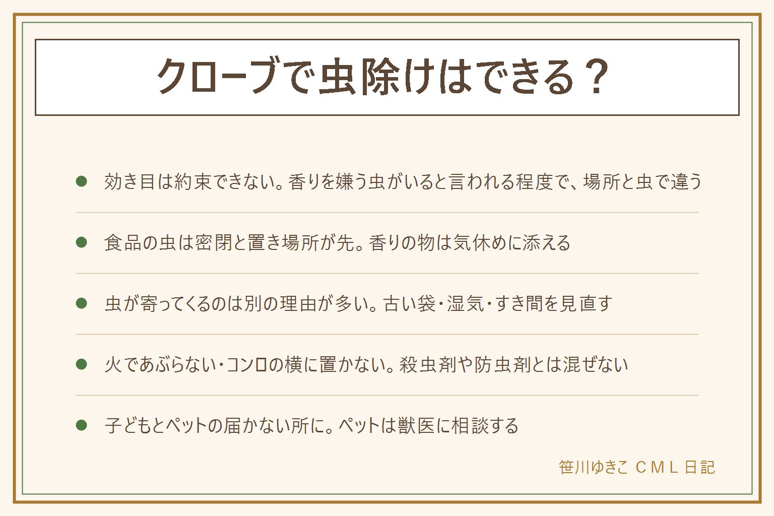 クローブの虫除けの早見表:香りを嫌う虫がいると言われるが効き目は約束できず場所と虫で違う。食品の虫は密閉と置き場所が先で、香りは補助。虫が寄ってくると言われる理由は古い袋・袋の口のすき間・湿気・ほかの食品のにおい。お茶パックに入れて置くなら食品と離し、湿気たらカビるので取り替える。火であぶらない、コンロの横に置かない、殺虫剤や防虫剤と混ぜない。子どもとペットの届かない所に置き、ペットは獣医に相談