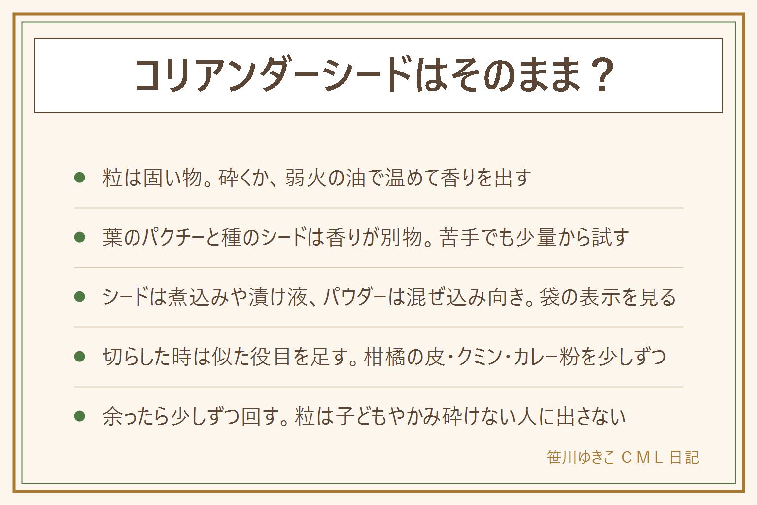 コリアンダーシードはそのまま?の早見表:粒は固い物で、そのままかまず、すり鉢やスパイスミルで砕くか、弱火の油で温めて香りを出す。油は焦げやすいのでそばを離れず、煙が出たら火を止める。葉のパクチーと種のシードは香りが別物で、苦手でも少量から試す。シードは煮込みや漬け液向き、パウダーは混ぜ込みや仕上げ向きで、袋の表示を見て選ぶ。切らした時は、柑橘の皮、クミン、カレー粉などで似た役目を少しずつ足す。余ったら煮込みやピクルスなどに少しずつ使う。粒は小さな子どもやかみ砕けない人には出さず、取り除くか砕く。保存は密閉して光を避け、コンロの横に置かない