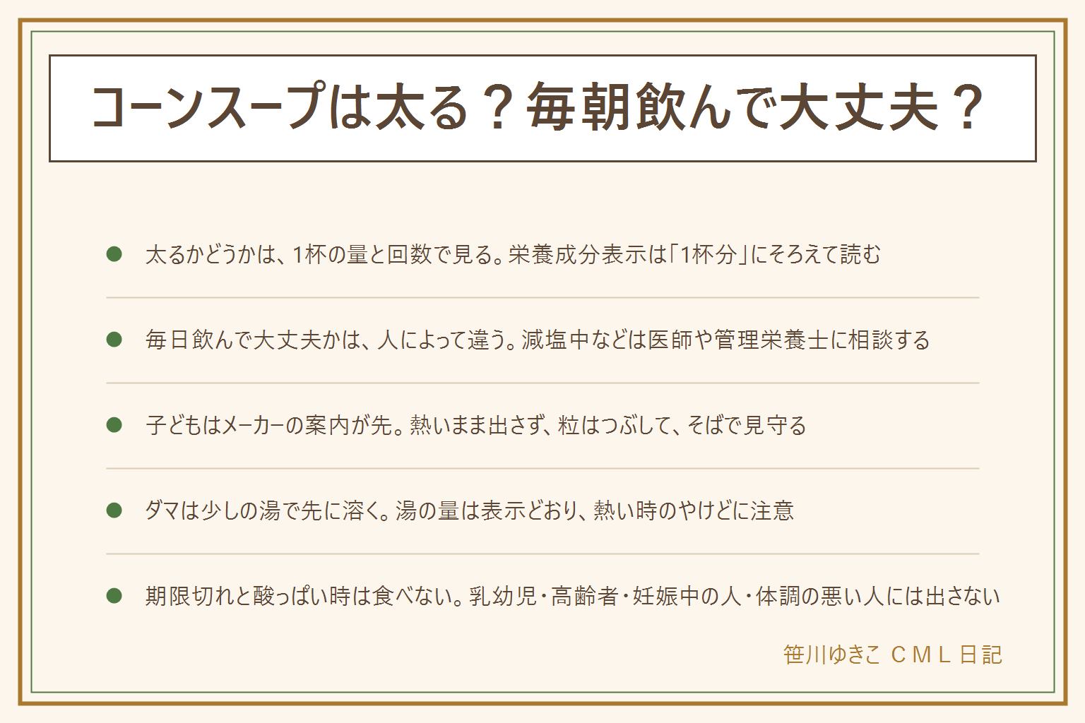 コーンスープの早見表:この記事は健康への影響を断定するものではなく、食品は表示の範囲で読む。太るかどうかは1杯の量と回数、何で溶かすかで見る。栄養成分表示は1杯分にそろえて読み、作り方の表示、原材料名、アレルギー表示も見る。毎日飲んで大丈夫かは人によって違い、減塩中などは医師や管理栄養士に相談する。子どもはメーカーの案内が先で、熱いまま出さない、粒はつぶすか小さく切る、そばで見守る、アレルギー表示を見る。粉末のダマは少しの湯で先に溶いてから残りを注ぎ、湯の量は表示どおり、熱い時のやけどに注意。期限切れは、消費期限を過ぎた物は食べない、過ぎても食べられる場合があるのは賞味期限で未開封かつ表示どおりの保存の物だけ、固まり・ふくらみ・液漏れ・カビ・糸を引く・酸っぱいにおいは食べない、乳幼児や高齢者や妊娠中や体調の悪い人には出さない。迷ったら食べない