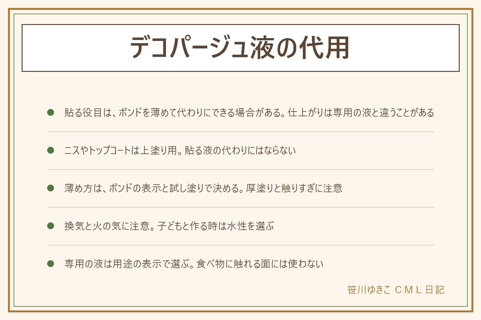 デコパージュ液の代用の早見表:貼る役目は木工用ボンドを薄めて代わりにできる場合があり、液体のりは紙だけで水に弱い。ニスやトップコートは貼ったあとの上塗り用で、貼る液の代わりにはならない。ボンドは表示を見て水で薄め、余りの紙で試し塗りをして、薄くのばして乾くまで触らない。ニスは水性と油性があり、子どもと作る時は水性が選びやすい。換気をして、スプレーは火のそばで使わず、食べ物に触れる面には使わない。専用の液は名前でなく用途の表示で、つやの有無、布用、ガラス用、水に強いタイプから選ぶ
