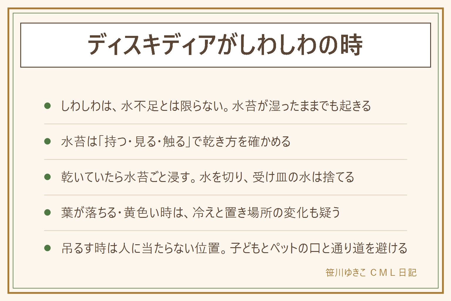 ディスキディアがしわしわの時の早見表:しわしわは水が足りない時と、水苔が湿ったまま根が水を吸えない時の両方で起きる。水をあげる前に水苔を持って重さを見て、色を見て、指で触って確かめる。乾いていたら水苔ごと水に浸して、水を切り、受け皿の水は捨てる。湿ったままなら水やりを止める。葉が落ちる時は冷えや置き場所の変化、黄色い時は光や水の偏りを疑う。水苔がつぶれてにおう時は替えを考える。吊るす時は落ちても人に当たらない位置にして、ベッドやソファの上と通り道を避ける