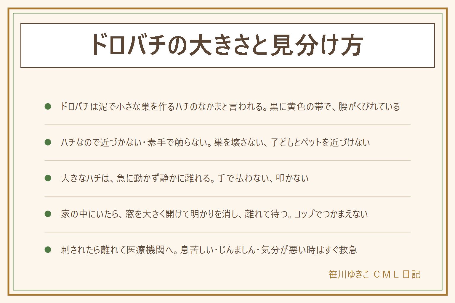 ドロバチの大きさと見分け方の早見表:ドロバチは泥で小さな巣を作るハチのなかまと言われ、黒に黄色やオレンジの帯で腰がくびれている。泥の小さな壺や筒の巣ならドロバチのなかまかも、紙のような巣はアシナガバチかも、大きくて羽音が強いのはスズメバチかもしれず、どれも近づかない。巣は壊さない、はがさない、持ち帰らない、子どもとペットを近づけない。困る場所の巣は自治体や専門業者に相談する。大きなハチは急に動かず静かに離れ、手で払わず叩かない。家の中にいたら窓を大きく開け、部屋の明かりを消し、離れて出ていくのを待つ。コップでつかまえない。刺されたら離れて医療機関へ、息苦しい、じんましん、気分が悪い時はすぐ救急