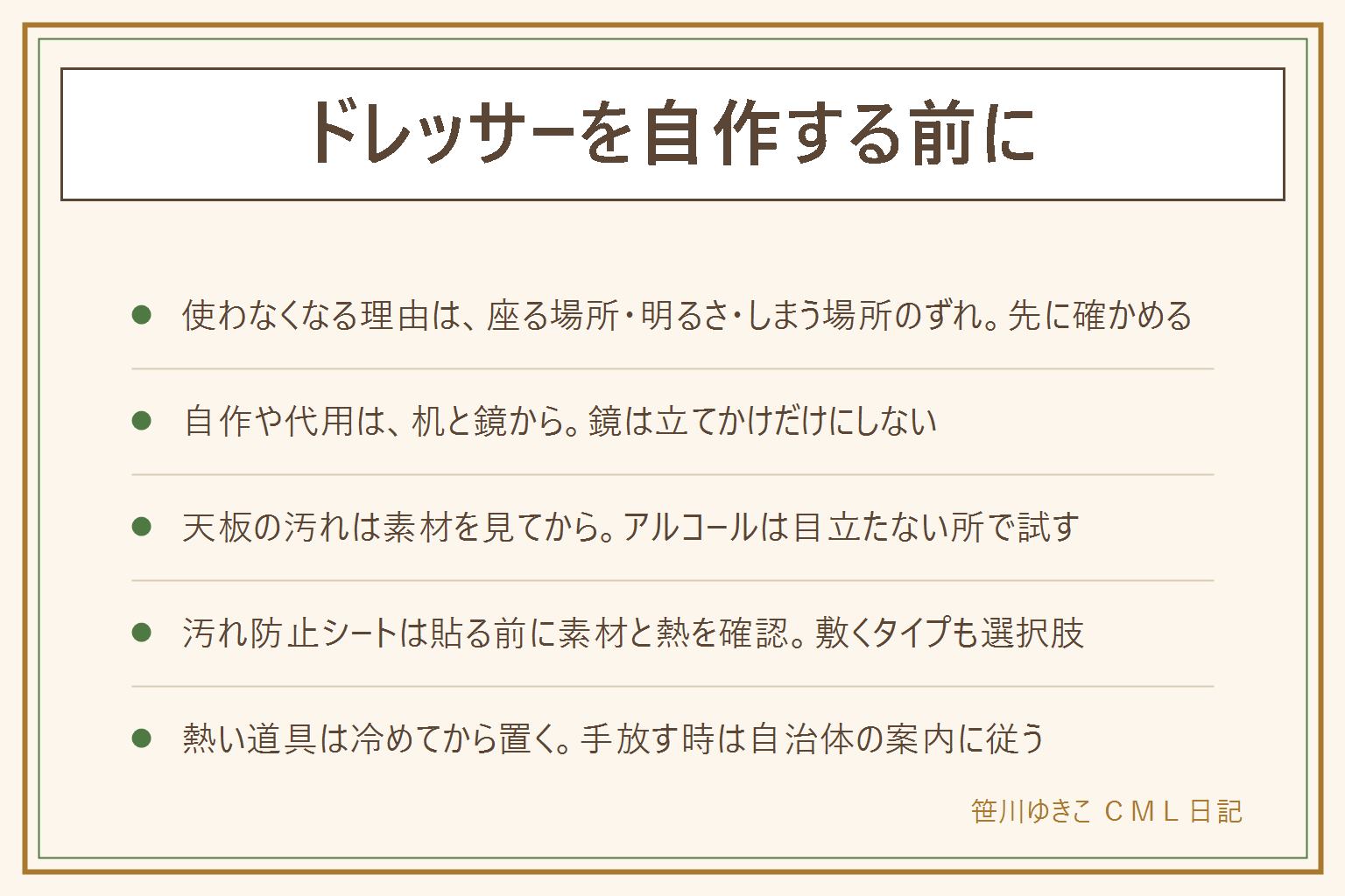 ドレッサーを自作する前にの早見表:使わなくなる理由は座る場所、明るさ、しまう場所のずれ。自作や代用は座れる机と鏡から始め、鏡は壁に立てかけるだけにせず倒れない固定を先に決める。割れたら厚手の手袋と新聞紙で包み自治体の割れ物の出し方に従う。踏み台は平らな床で使い、賃貸は管理会社に確認し、照明の配線は自分でしない。天板の汚れは素材の表示を見て柔らかい布で水拭き、アルコールは目立たない所で試す。洗剤は混ぜない。汚れ防止シートは貼る前に天板の素材と熱を確認。ヘアアイロンは熱いまま置かず、コードを引っ張らない。手放す時は自治体の粗大ごみの案内に従う