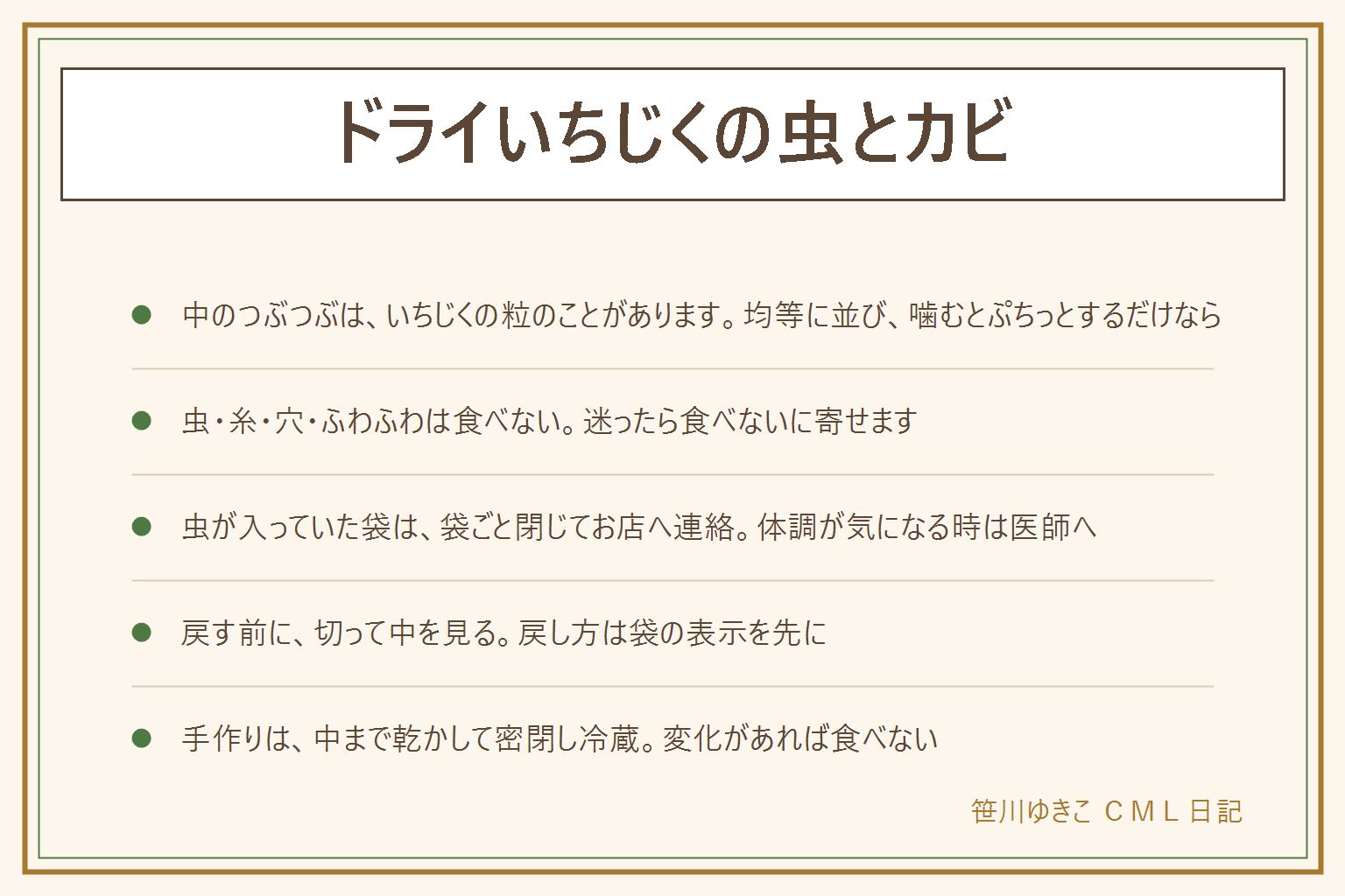 ドライいちじくの虫とカビの早見表:中のつぶつぶは、均等に並んで噛むとぷちっとするだけならいちじくの粒のことがある。虫が動く、糸や粉の屑、穴、ふわふわしたカビ、色付きの物は食べない。白く細かい粉は糖が乾いて出ることがあるが、綿のようにふわふわならカビ、分からなければ食べない。虫が入っていた袋は袋ごと閉じ、賞味期限などの表示を写真に残し、お店かメーカーに連絡し、自治体の出し方で捨てる。体調が気になる時は医師に相談。硬い時は戻す前に切って中を確かめ、ぬるめのお湯や洋酒、牛乳に浸して戻し、洋酒は子どもに出さない。手作りは中まで乾かし、冷めてから密閉し、冷蔵して日付を書く。保存容器に移しておくと湿気や虫を減らせる