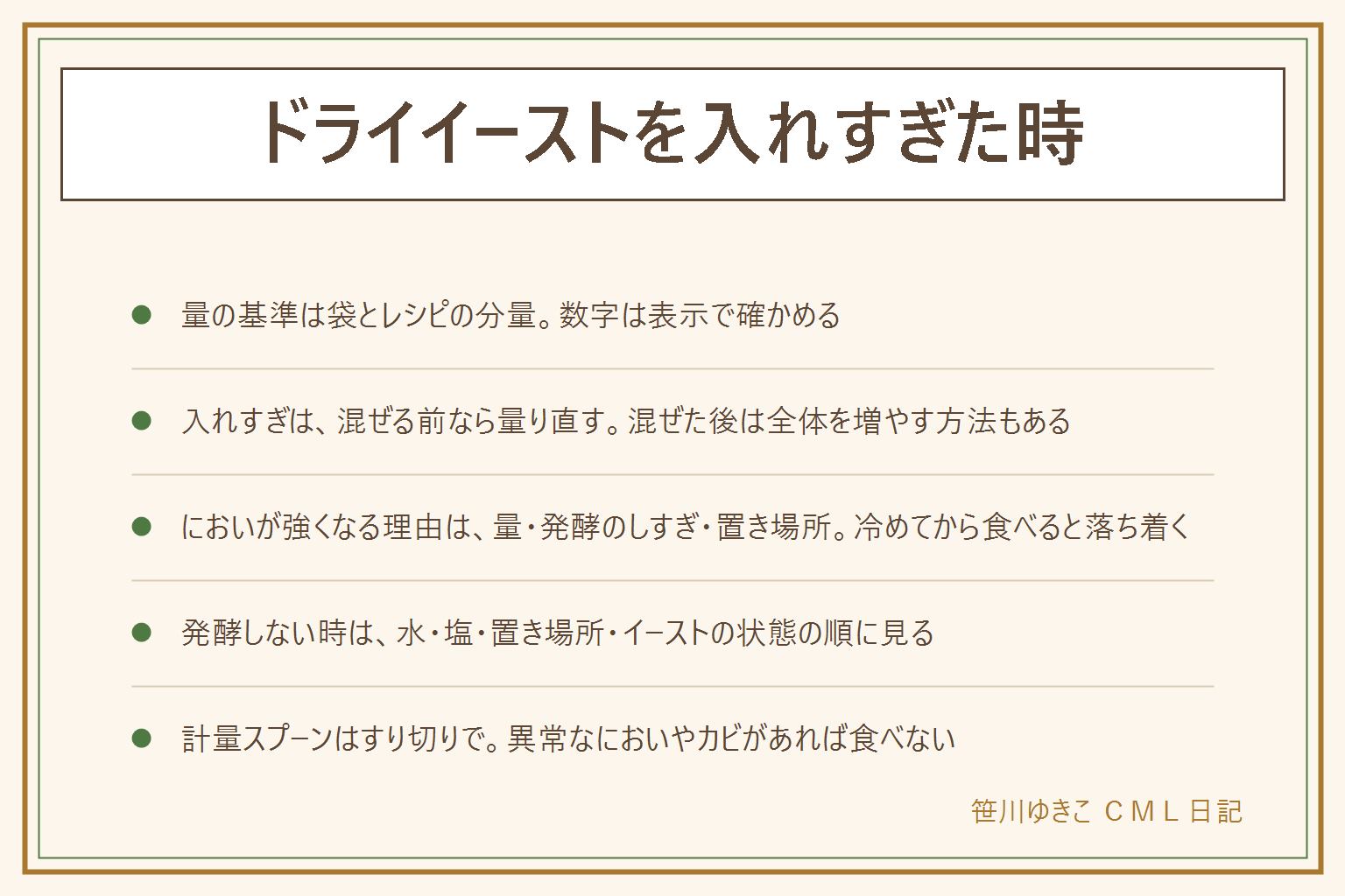 ドライイーストを入れすぎた時の早見表:イーストの量は袋の表示とレシピの分量が基準。入れすぎに気づいたら混ぜる前に量り直す。においが強くなる理由は量が多い、発酵のさせすぎ、置き場所が暖かすぎる、焼きが足りない。冷ましてから食べると落ち着く。発酵しない時は水の温度、イーストと塩が直接触れていないか、置き場所と時間、イーストの状態を予備発酵テストで見る。計量スプーンはすり切りで量る。ホームベーカリーは取扱説明書の順番と量を守る。異常なにおいやカビがある時は食べず、アレルギー表示は袋で確かめる