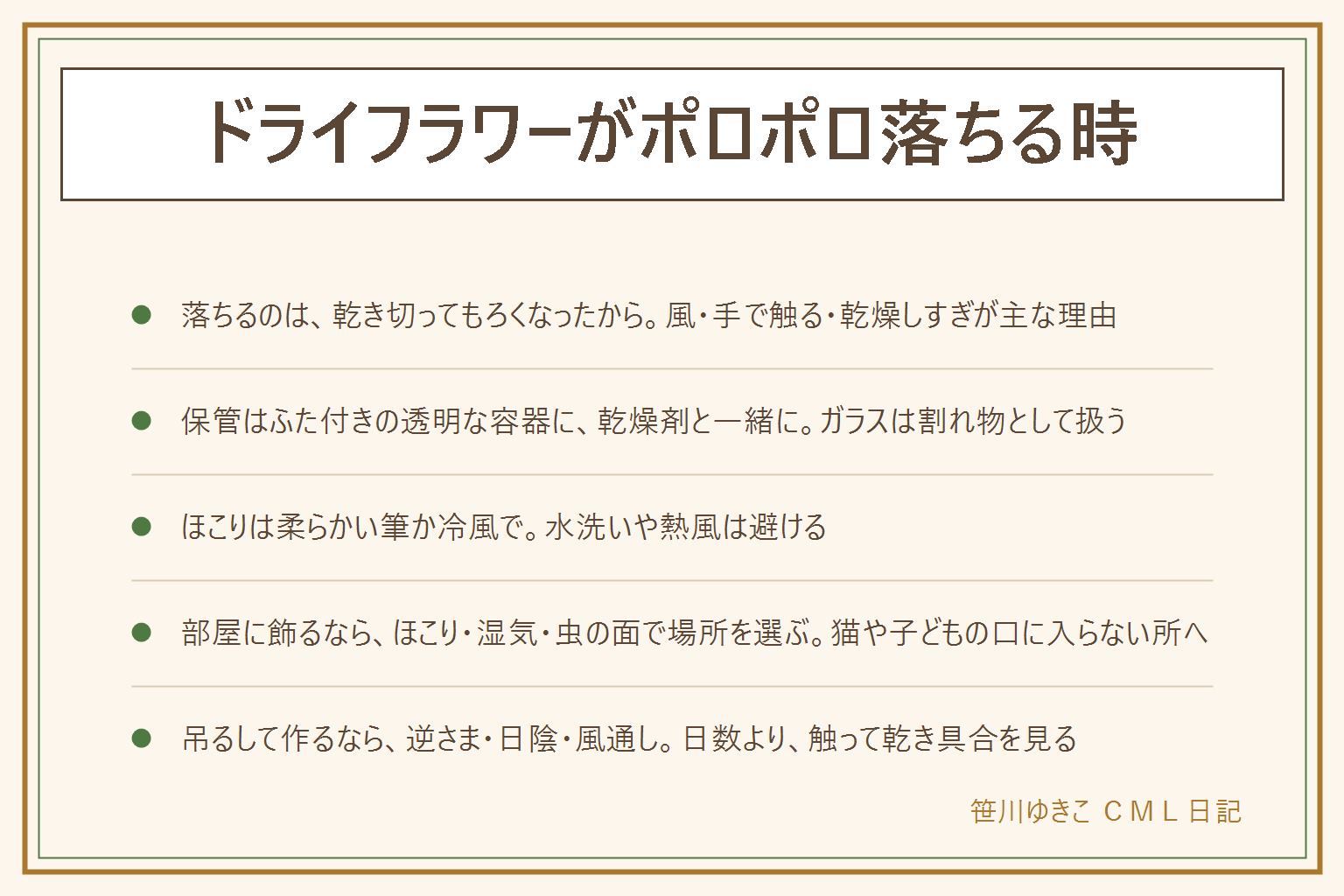 ドライフラワーがポロポロ落ちる時の早見表:落ちる理由は風や振動、手で触る、乾燥しすぎ、花の種類。風が当たらず触らない場所に置く。保管はふた付きの透明な容器に乾燥剤と一緒に入れ、ガラスは割れ物として扱う。ほこりは柔らかい筆かドライヤーの冷風で払い、熱風と水洗いは避ける。匂いは匂いの強い物から離し、湿っぽい匂いはカビの可能性があるので処分を考える。部屋に飾るなら、ほこり・湿気・虫の面で場所を選び、台所や水回り、窓辺の直射日光は避ける。猫が食べない所、小さな子どもの口に入らない所に置く。吊るして作る時は逆さまにして日陰の風通しのよい所で乾かす