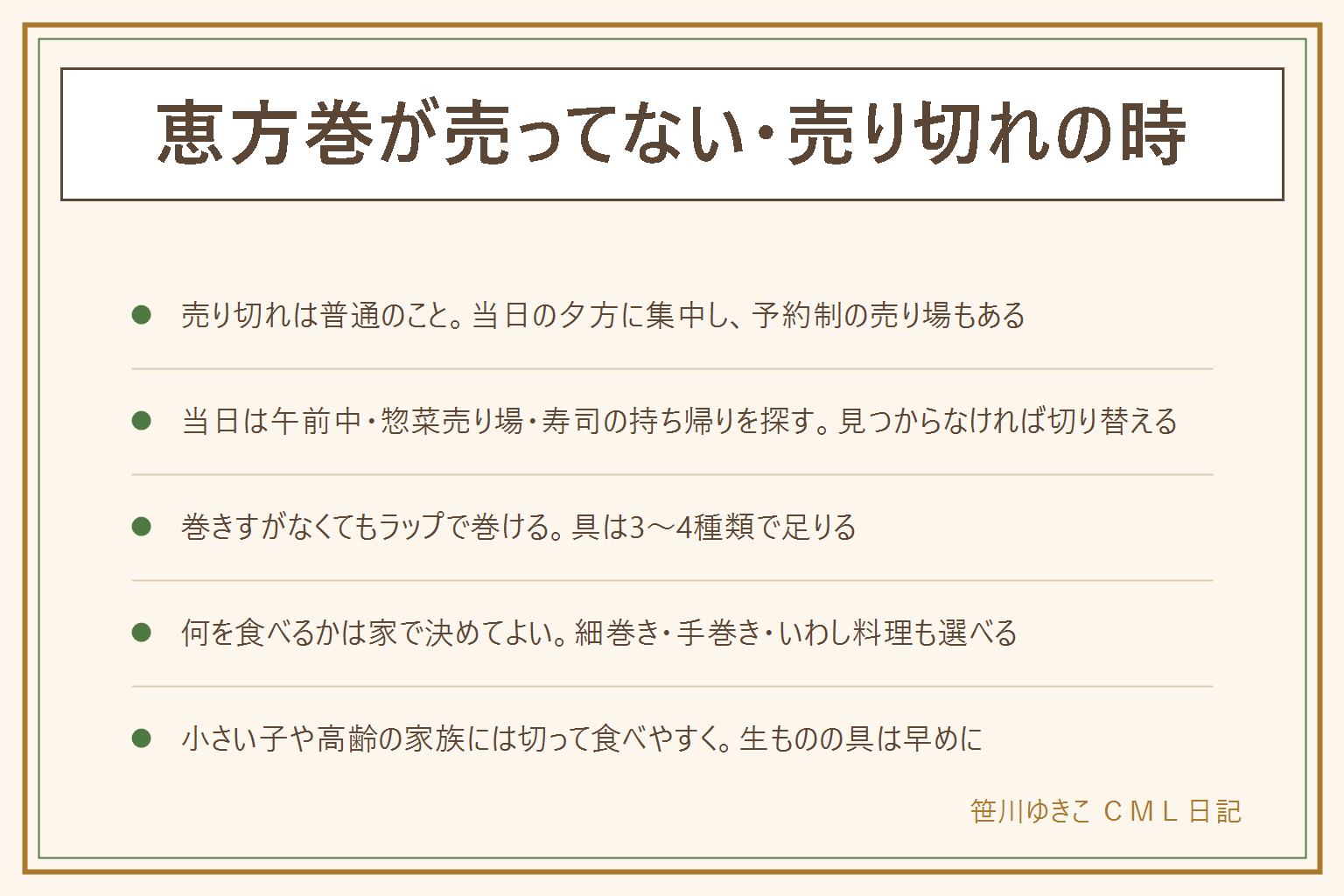恵方巻が売ってない時の早見表:恵方巻は節分の当日の夕方に売り切れやすく、予約制の売り場もある。当日探すなら午前中、お惣菜売り場、寿司の持ち帰りを見る。家で巻くならラップを巻きすの代わりにして、のりを置き、ご飯を薄く広げて奥を少し空け、具を3〜4種類手前に並べ、手前から巻いてラップごと形を整え、ラップのまま切る。代わりに食べるものは、細巻き、手巻き寿司、いわし料理、ちらし寿司など、何を食べるかは家で決めてよい。小さい子や高齢の家族には食べやすい大きさに切り、食べている間は目を離さない。生ものの具は早めに食べる。2027年の節分は2月3日