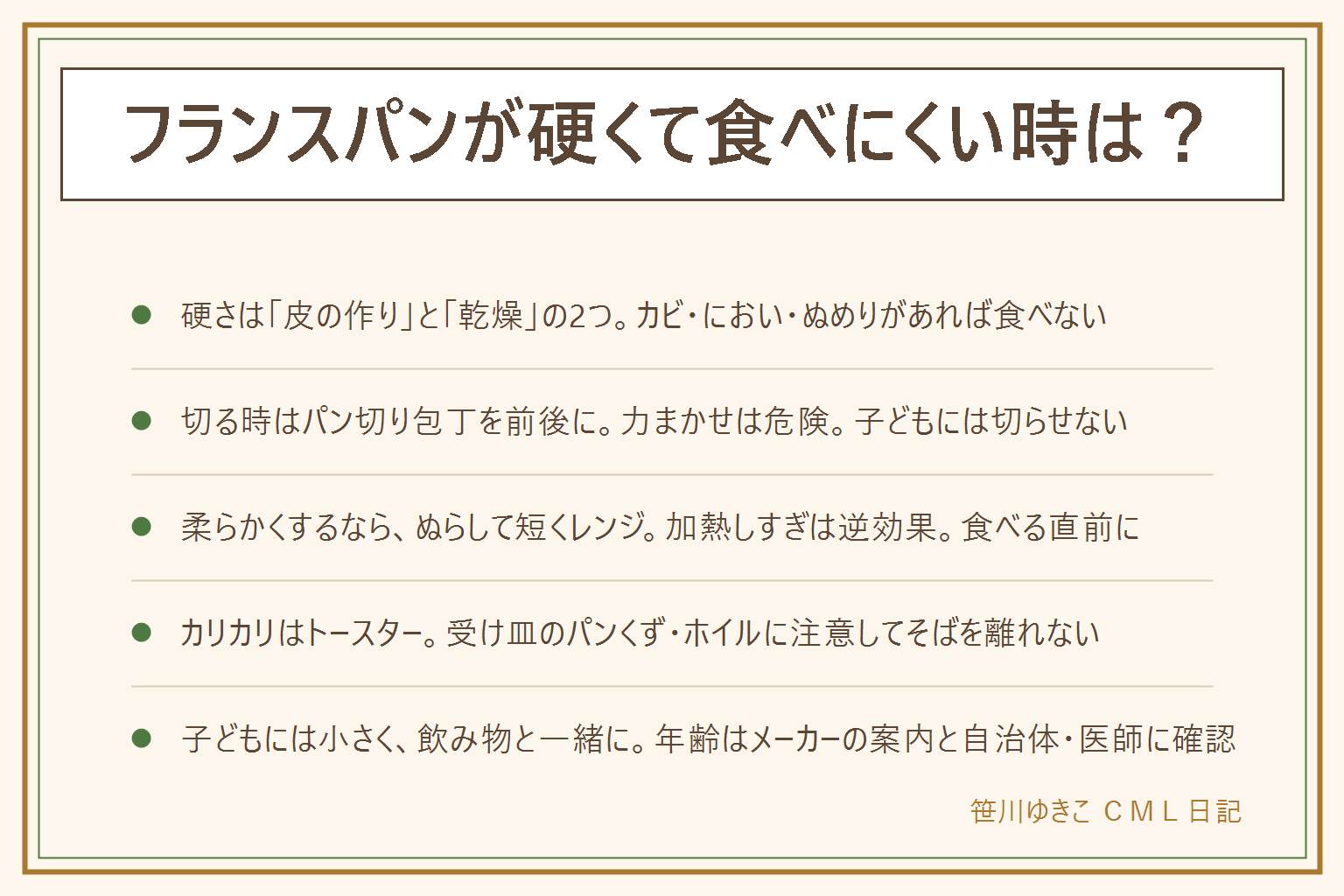 フランスパンが硬い時の早見表:硬さは皮のもともとの作りと時間がたった乾燥の2つ、冷蔵庫に入れると固くなりやすい。カビ・いつもと違うにおい・ぬめりがあれば食べない。切る時はパン切り包丁を前後に動かし、力まかせに押さず、押さえる手は指先を丸めて刃の前に出さず、子どもには切らせない。柔らかくするには軽くぬらしてレンジで短く温め、加熱しすぎると固くなる、取り出す時はやけどに注意、食べる直前に。カリッとさせたい時はトースターで、受け皿のパンくずとホイルに注意しそばを離れない。子どもには小さく、飲み物と一緒に、詰め込ませず大人が見守る。年齢はメーカーの案内と自治体・医師に確認し、アレルギー表示を見る