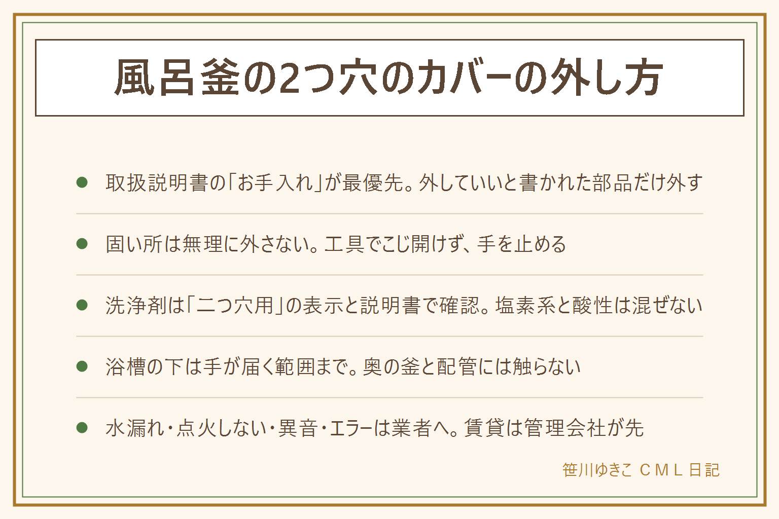 風呂釜の2つ穴のカバーの外し方の早見表:先に取扱説明書の「お手入れ」を開き、外してよいと書かれた部品だけ外す。ねじ止め・つまみ・ツメ・外さない型の見分け方、固い所は工具でこじ開けず手を止める。洗浄剤は二つ穴用の表示と給湯器の説明書を確かめ、塩素系と酸性は混ぜず換気とゴム手袋。浴槽の下は手の届く範囲まで。水漏れ・点火しない・異音・エラー表示はメーカーか給湯器の業者へ、賃貸は管理会社に先に連絡