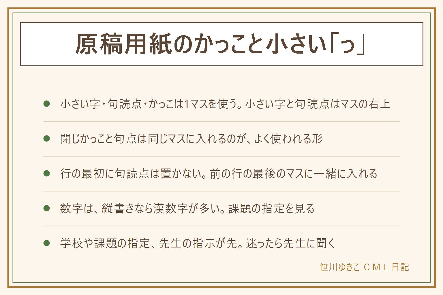 原稿用紙のかっこと小さい「っ」の早見表(縦書き):小さい字(っ・ゃ・ゅ・ょ)は1マスを使い、マスの右上に寄せて書く。句読点も1マスを使い、右上に書く。開きかっこも1マスを使う。閉じかっこと句点は同じマスに入れる。段落の最初は1マス空ける。行の最初に句読点や閉じかっこが来る時は、前の行の最後のマスに一緒に入れるのがよく使われる決まりで、マスの外に書くよう指示する学校もある。数字は縦書きなら漢数字が多く、横書きは2桁を1マスに2字書く書き方もある。小数点や疑問符などの記号は課題の指定を見る。学校や課題の指定、先生の指示が先