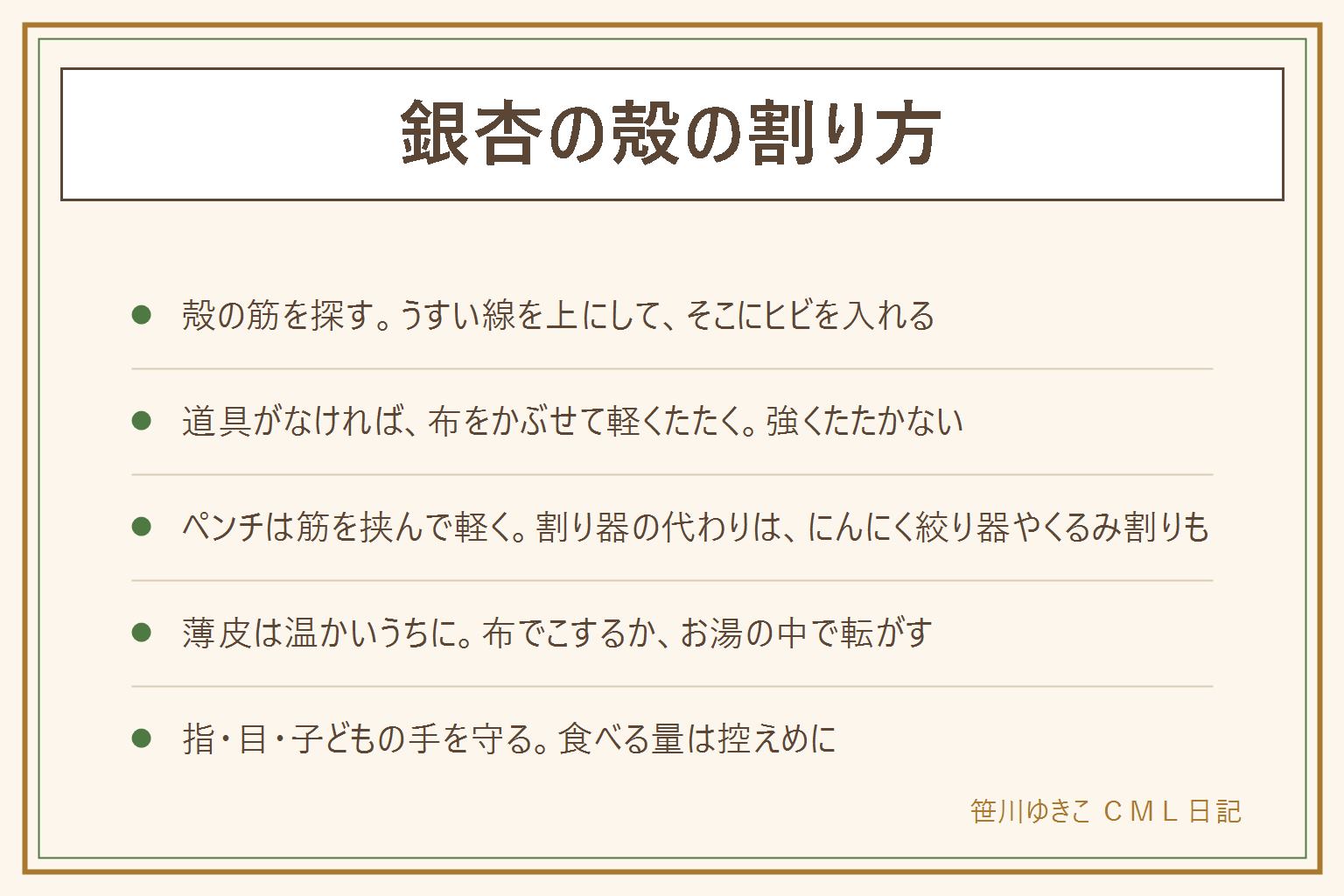 銀杏の殻の割り方の早見表:殻にはうすい合わせ目の筋が一周しており、筋を上に向けてヒビを入れるくらいで十分。道具がなければ布をかぶせて硬い物で軽くたたく。ペンチは筋を挟んで軽くじわっと、割り器は説明書の向きで、代わりににんにく絞り器やくるみ割りも使える。金づちや包丁の背で強くたたかない。薄皮は加熱後の温かいうちに、布巾でこするか、お湯の中でお玉の底で転がす。指を挟まない、殻のかけらが飛ぶので布をかぶせる、子どもの手の届かない所で作業する。銀杏は一度にたくさん食べず、子どもは控えめに