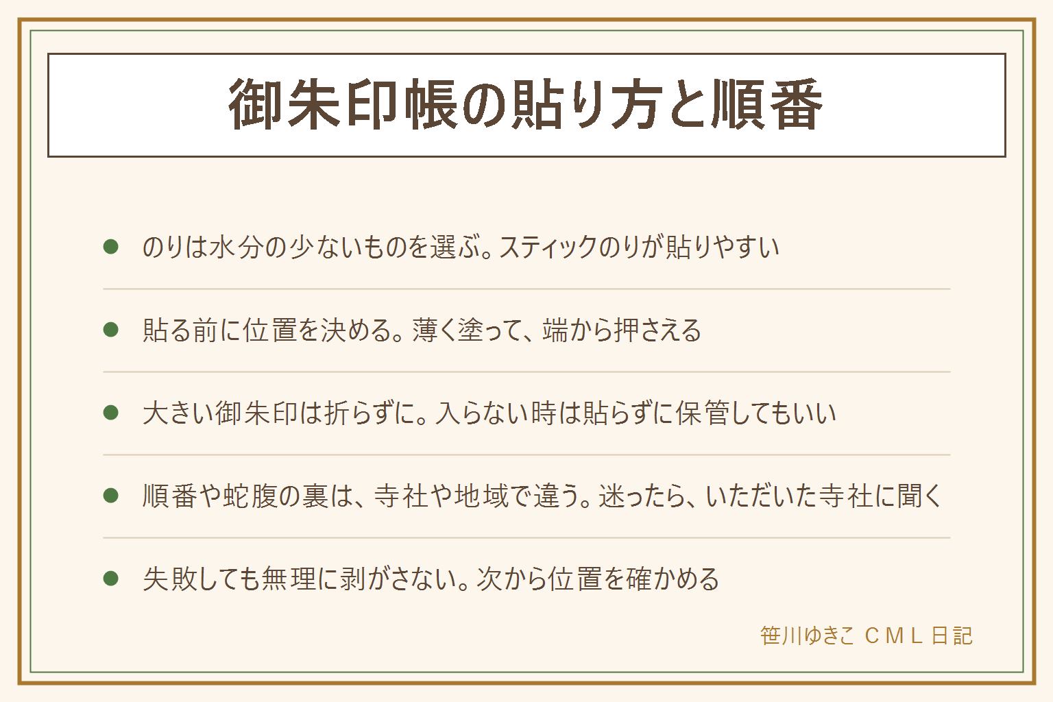 御朱印帳の貼り方と順番の早見表:書き置きの御朱印は水分の少ないスティックのりを薄く塗って貼る。手順は、貼る前にそっと当てて位置を決める、紙の裏の四隅と中央にのりを薄く広げる、中央から外側へ空気を逃がすように押さえる、乾くまで開いたままにする。大きい御朱印は折らずに貼り、入らない時は貼らずに別に保管してもよい。貼る順番は決まりがあるとは限らず、日付順、神社とお寺を分けるか、蛇腹の裏を使うかは寺社や地域で考え方が違うので、迷ったらいただいた寺社に聞く。失敗しても乾いてから無理に剥がさず、端が浮いたら薄くのりを足す