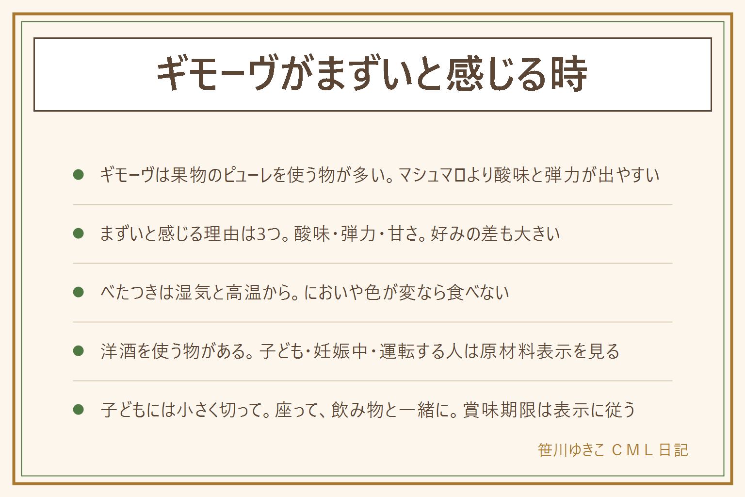 ギモーヴがまずいと感じる時の早見表:ギモーヴは果物のピューレを使った弾力のあるお菓子で、マシュマロとは酸味・弾力・甘さの傾向が違う。まずいと感じる理由は酸味、弾力、甘さの好みの差。べたつきや溶けかけは湿気と高温が苦手だから。賞味期限は袋や店の表示に従い、湿気と高温を避け、カビ・異臭・酸っぱいにおい・色の変化があれば食べない。洋酒を使う物があるので、子ども・妊娠中の人・運転する人・お酒に弱い人は原材料表示を見る。弾力があるので、小さな子や高齢の方は小さく切って座って飲み物と一緒に