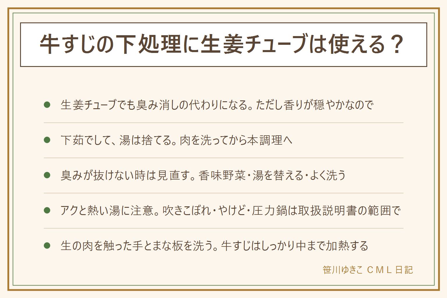 牛すじの下処理と生姜チューブの早見表:下茹での臭み消しは生姜チューブでも代わりになるが香りが穏やかなので、臭みが強い日はねぎの青い部分などの香味野菜を合わせる。下処理の順番は洗う、下茹でする、湯を捨てる、肉を洗ってから本調理。チューブは湯に溶けるので入れすぎに注意。臭みが抜けない時は香味野菜を足す、湯を替えてやり直す、よく洗う。アクは本調理で出た分を取り、吹きこぼれと熱い湯のやけどに注意する。圧力鍋は取扱説明書の範囲で使い、下茹では別の鍋で先に済ませる。生の肉を触った手とまな板を洗い、牛すじはしっかり中まで加熱する