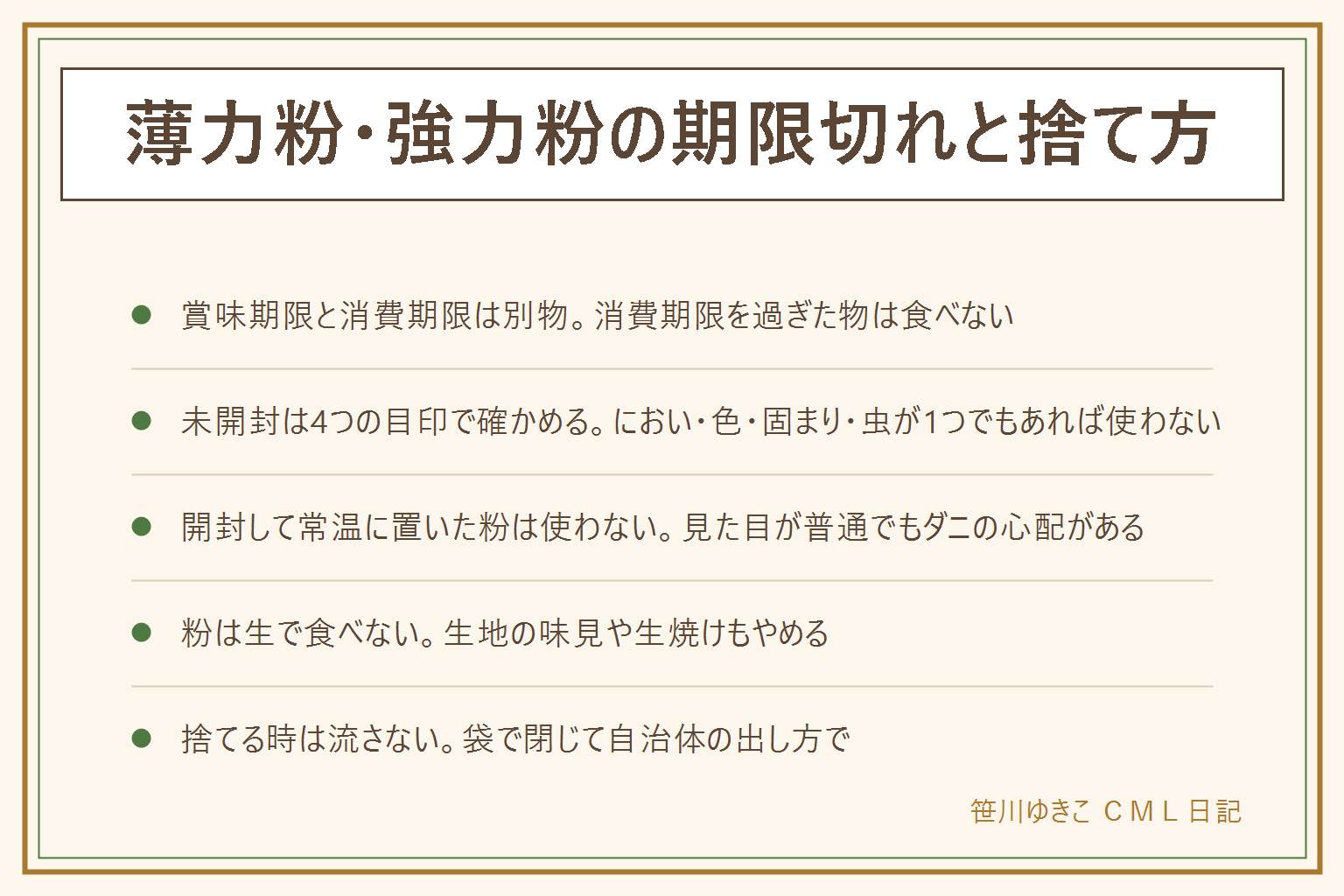 薄力粉・強力粉の期限切れの早見表:賞味期限はおいしく食べられる目安、消費期限は安全に食べられる期限で、消費期限を過ぎた物は食べない。未開封で表示どおりに保存していた粉は、におい・色・固まり・虫やカビの4つの目印がなければ使える場合がある。開封して常温に置いた粉はダニの心配があり、見た目が普通でも使わない。粉は生で食べず、生地の味見や生焼けもしない。捨てる時は排水口に流さず、袋の口を閉じて自治体のごみの出し方に従う。小麦・卵・乳のアレルギー表示は期限に関係なく確かめる