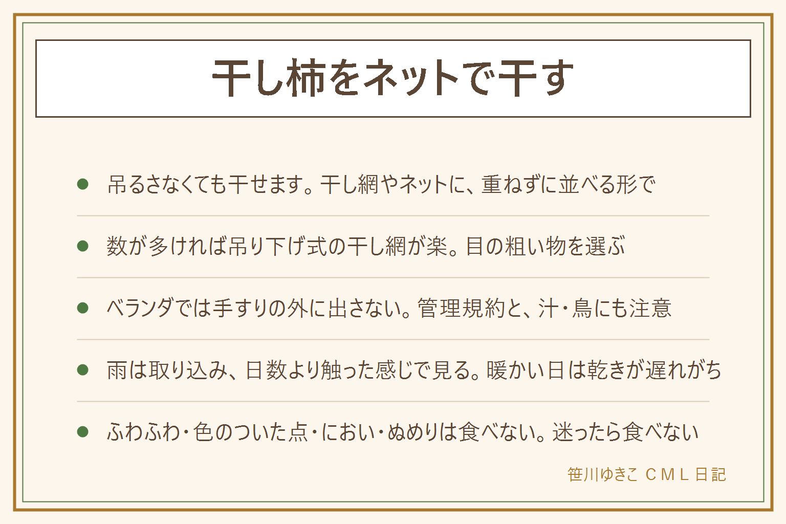 干し柿をネットで干す方法の早見表:吊るさなくても干し網やネットに重ねず並べれば干せる。干し方の比べ方は、ひもで吊るす・吊り下げ式の干し網・平ザルやすのこ・ハンガーや洗濯ばさみ。並べ方は、間をあける、風が通る日陰、雨が当たらない所、ときどき指で押して固さを見る。ベランダでは手すりの外に出さない、管理規約を確かめる、汁や鳥は別のネットでふた、子どもやペットの手が届かない高さ。雨の日は取り込む、暖かい日は乾きが遅れてカビに注意。ふわふわ、色のついた点、酸っぱいにおいやお酒のようなにおい、ぬめりがあれば食べない。迷ったら食べない