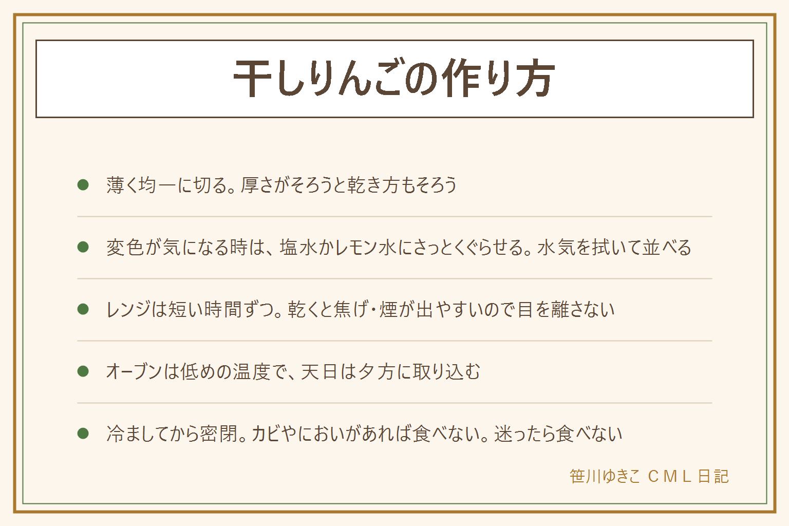 干しりんごの作り方の早見表:洗って芯と種を取り、薄く均一に切る。皮はむいても残してもよい。変色を防ぐなら塩水かレモン水にさっとくぐらせ、水気を拭いて並べる。電子レンジは早いが乾くと焦げや煙が出やすいので、耐熱皿にクッキングシートを敷き、重ねず並べ、短い時間ずつ様子を見て目を離さない。アルミホイルはレンジに入れない。オーブンは低めの温度でじっくり、天板は熱い。天日干しは晴れが続く時に網をかぶせて干し、夜は取り込む。冷ましてから密閉して保存し、早めに食べ切る。カビやぬめりや嫌なにおいがあれば食べない。迷ったら食べない