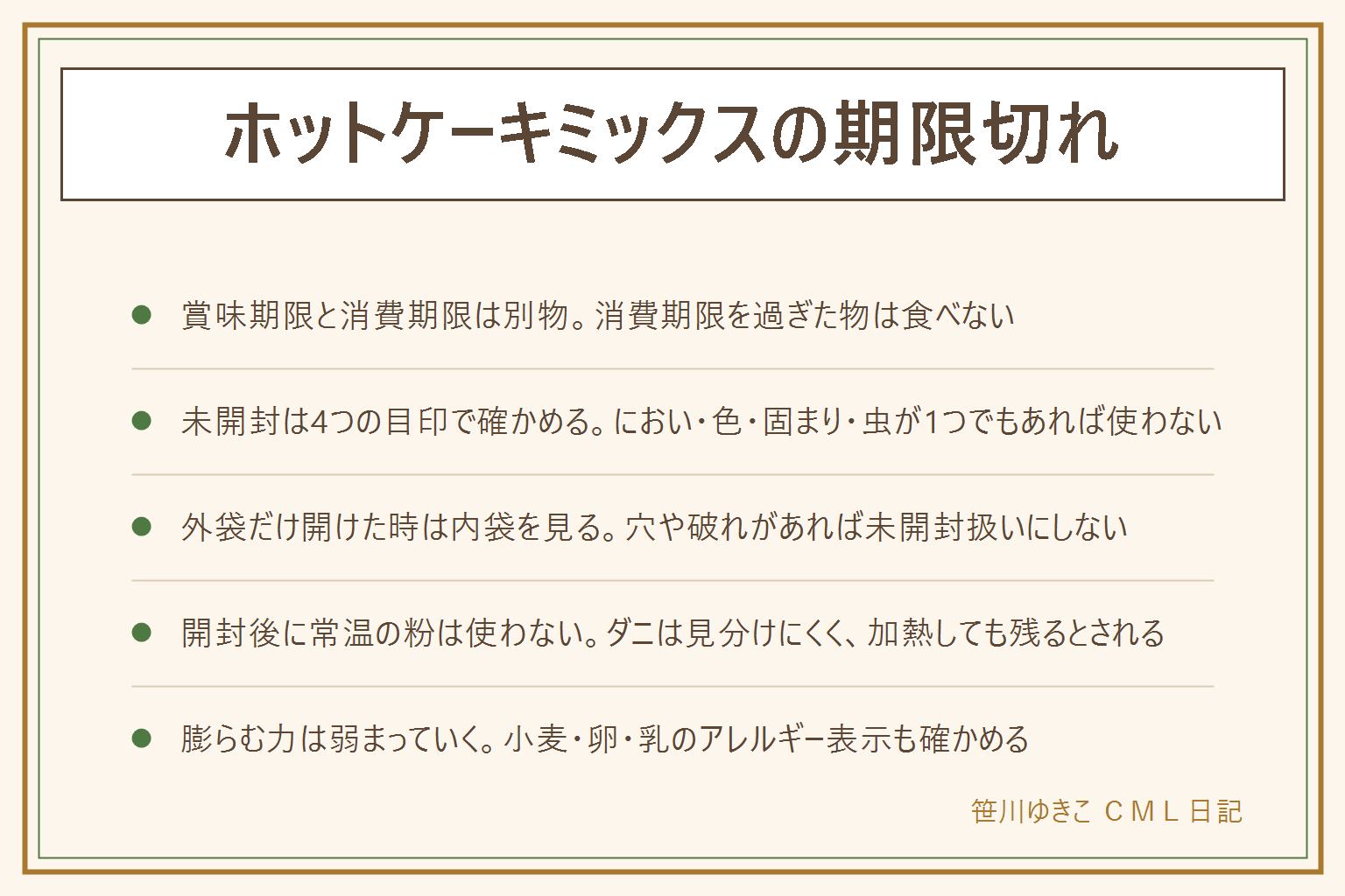 ホットケーキミックスの期限切れの早見表:賞味期限はおいしく食べられる目安、消費期限を過ぎた物は食べない。未開封で表示どおり保存していた物は、におい・色・固まり・虫の4つの目印がなければ使える場合がある。外袋だけ開けた時は内袋の穴や破れを見る。開封して常温に置いた粉はダニの心配があり、加熱してもアレルギーの原因が残るとされるため、見た目が普通でも使わない。ベーキングパウダーの膨らむ力は時間とともに弱まる。小麦・卵・乳のアレルギー表示を確かめ、生地は味見せず中まで焼く