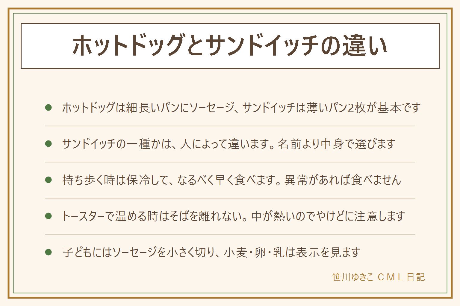 ホットドッグとサンドイッチの違いの早見表:ホットドッグは細長いパンに切れ目を入れてソーセージをはさんだ物、サンドイッチは薄く切ったパン2枚で具をはさむ形が基本。どちらもパンで具をはさむ点は同じで、サンドイッチの一種と考える人もいるが、呼び方の範囲は人や場面でいろいろ。持ち歩く時は暑い日は保冷し、なるべく早く食べる。異常があれば食べず、迷ったら食べない。トースターで温める時はそばを離れず、中が熱くなりすぎるのでやけどに注意し、分数は機器の表示で。子どもに出す時はソーセージを小さく切り、小麦、卵、乳は表示で確かめる