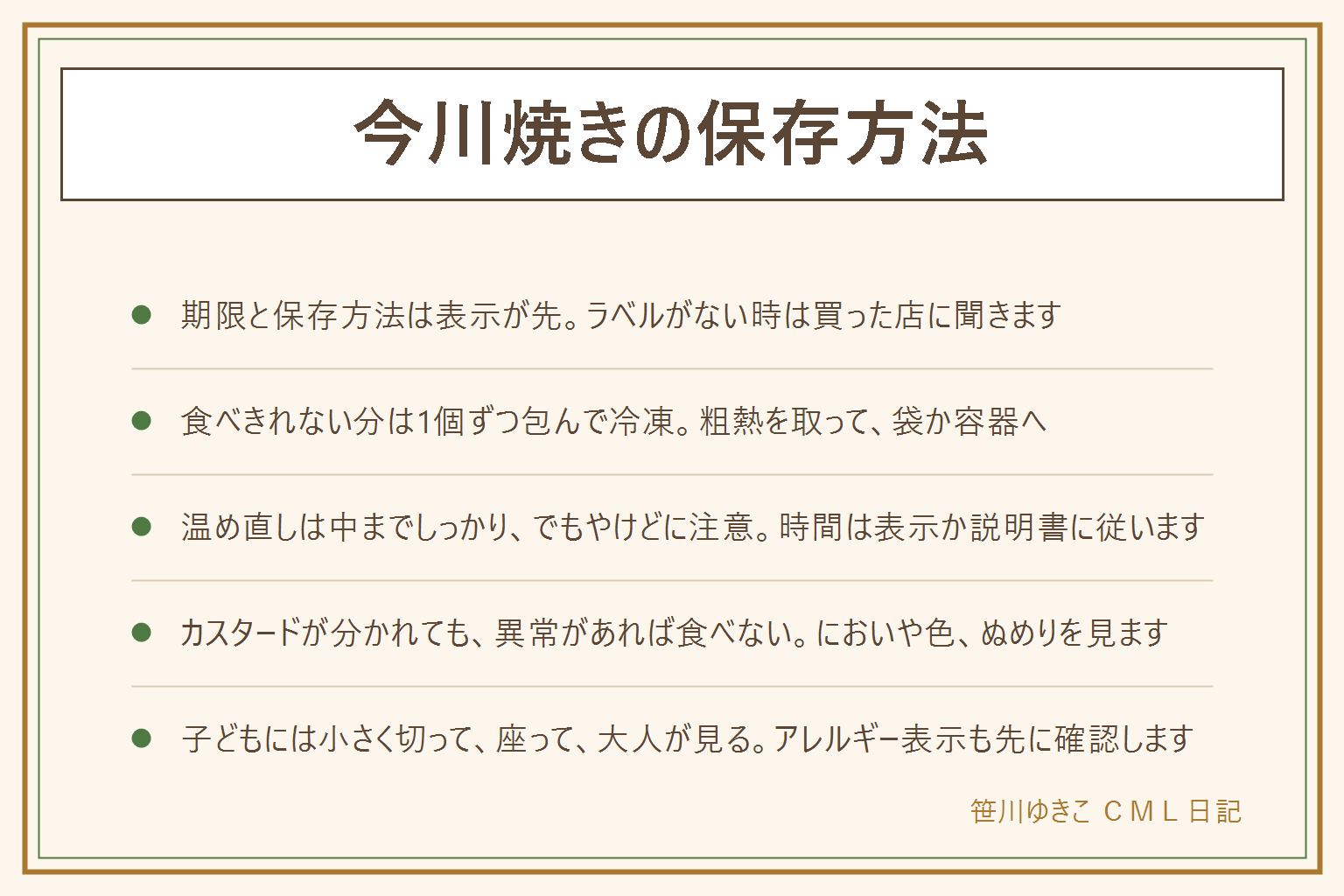 今川焼きの保存方法の早見表:期限と保存方法は袋や包装の表示を先に見る。消費期限は過ぎたら食べない、賞味期限はおいしく食べられる目安。夏の暑い時期や車の中に置きっぱなしにしない。冷蔵庫は乾いて硬くなりやすい。食べきれない分は粗熱を取って1個ずつラップで包み、冷凍用の保存袋か容器へ。いったん解凍した物は再び凍らせない。温め直しは中までしっかり温めるが、あんは熱いのでやけどに注意し、時間は表示か説明書に従う。カスタードが分かれても、酸っぱいにおいやぬめり、色の変化があれば食べない。子どもには小さく切って座って食べさせ、大人が見る。小麦・卵・乳は表示を確認