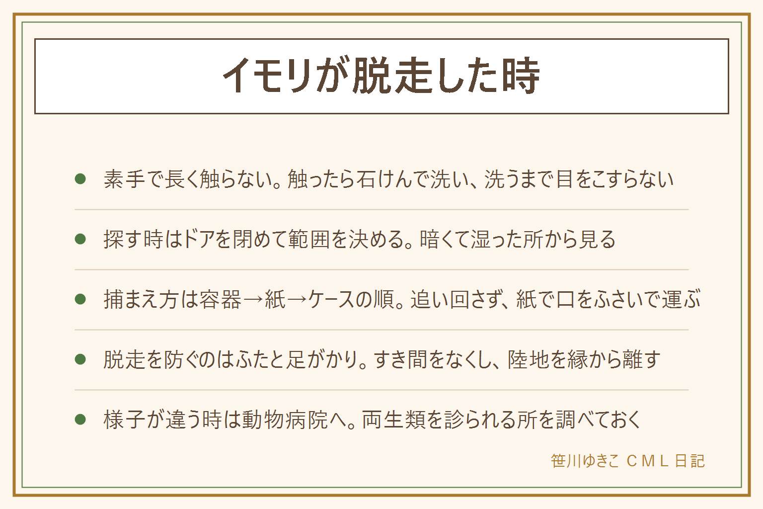 イモリが脱走した時の早見表:皮膚から出る物で手がかぶれることがあると言われるため、素手で長く触らず、触ったら石けんで手を洗い、洗うまで目をこすらない。探す時はドアを閉めて範囲を決め、家具のすき間、水回り、カーテンの裾、玄関の靴の中など暗くて湿った所から見る。捕まえ方は、容器をかぶせる、下に紙を差し込む、ケースへ戻す、の順番で追い回さない。脱走を防ぐには、ふたをすき間なく閉め、重しでずれを防ぎ、陸地や流木を縁から離し、水草を縁より低く。ビオトープは縁の高さと陸地の位置を見直す。鳴く、苔を食べるは言われていることの紹介で、様子が違う時は両生類を診られる動物病院へ