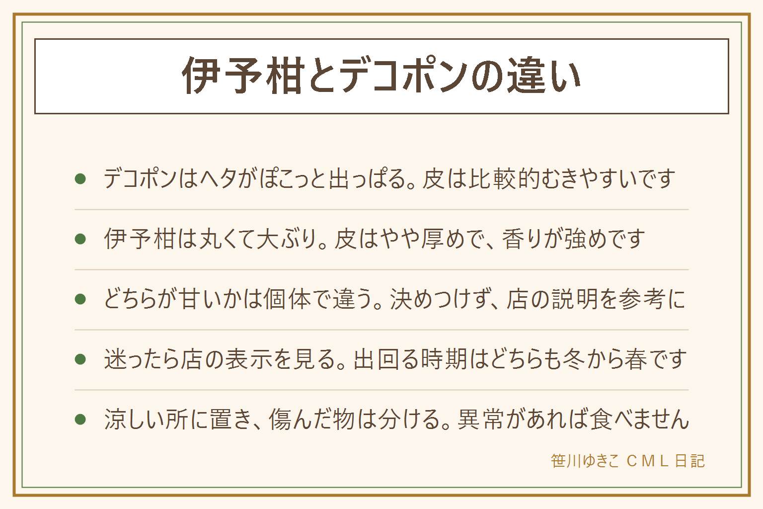 伊予柑とデコポンの違いの早見表:デコポンはヘタのところがぽこっと出っぱった形が目印で、皮が比較的むきやすい。伊予柑は丸くて大ぶり、皮がつややかでやや厚め、香りが強め。味は品種や個体で違うので、どちらが甘いとは決められない。出回る時期はどちらも冬から春。皮が入りにくい時は、包丁で上を少し切り落とし、縦に浅い切れ目を入れて手ではがす。包丁は手前に引かず、子どもには切らせない。迷ったら店の表示を見る。保存は風通しのよい涼しい所、冷蔵なら乾燥に注意、傷んだ物は分ける。カビやいやなにおいがあれば食べない。子どもには少しずつ