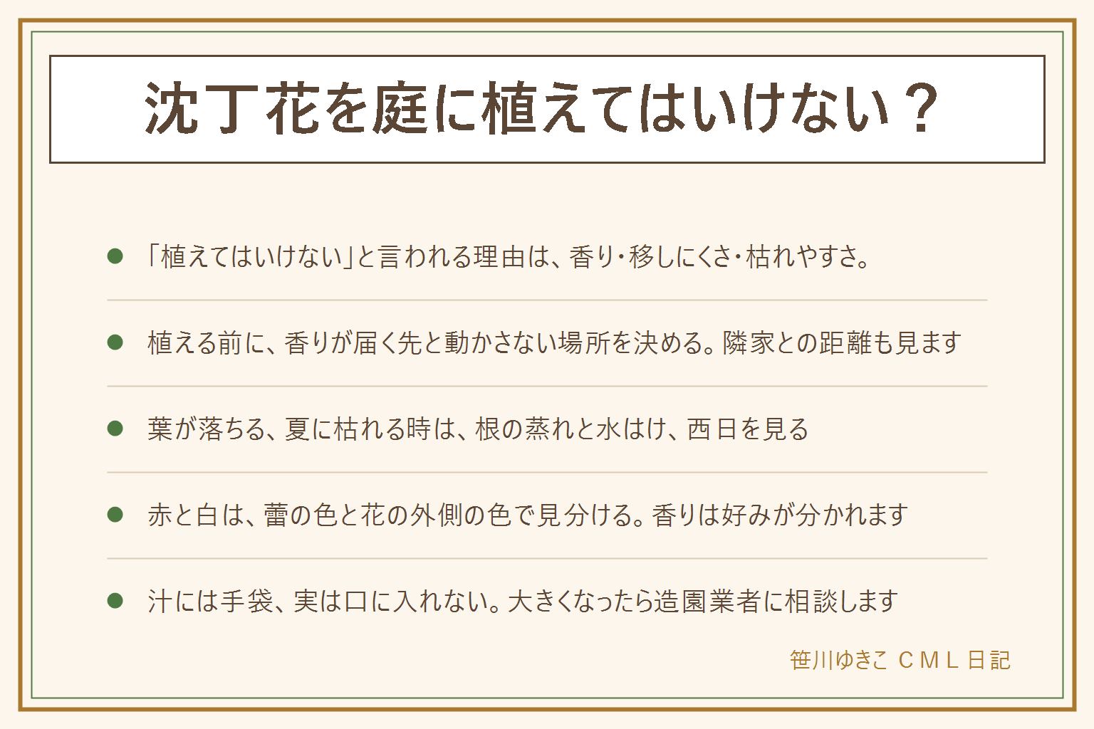 沈丁花を庭に植えてはいけない?の早見表:言われる理由は、香りが強く好みが分かれる、植え替えを嫌って移しにくい、急に枯れることがある、汁と実が気になる、大きくなる。植える前に香りが届く先と動かさない場所を決め、窓や隣家から離し、水はけと日当たりを見る。葉が落ちる、夏に枯れる、突然枯れる時は根の蒸れ、水はけ、強い西日を見る。赤と白は蕾の色と花の外側の色で見分ける。香りは好みが分かれる。汁は肌が弱い人は手袋、触ったら手を洗う。実は口に入れず子どもとペットの届かない所へ。大きくなったり移したい時は造園業者へ。ベランダは管理規約に従い、手すりの外に出さない