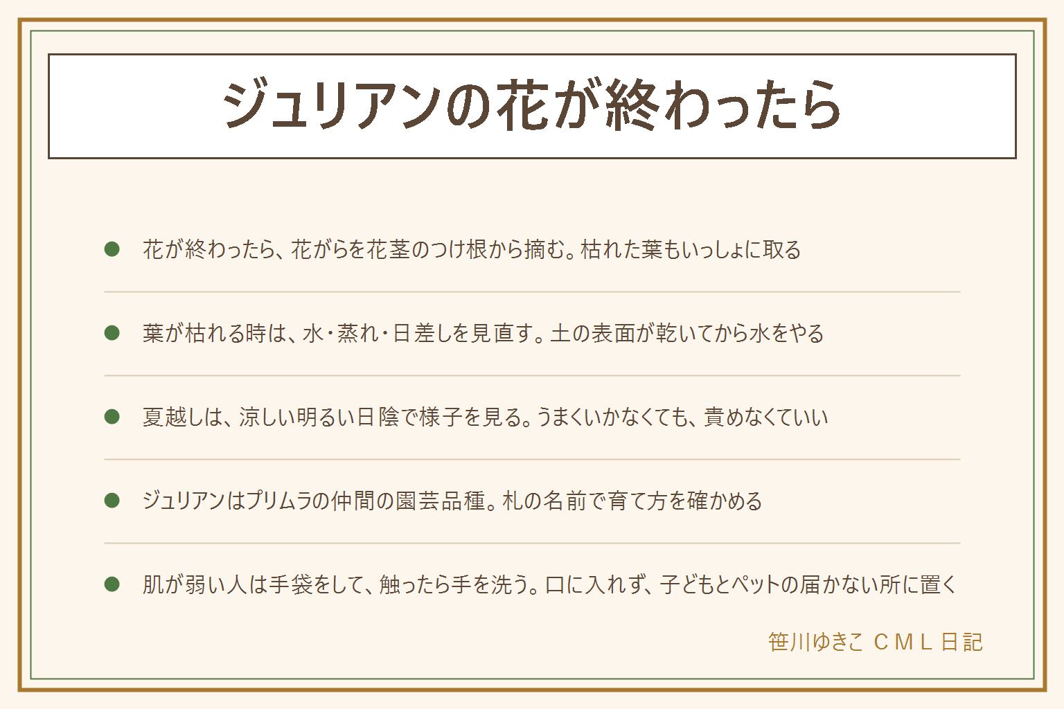 ジュリアンの花が終わったらの早見表:しぼんだ花の茎をたどり、花茎のつけ根を清潔なはさみで切り、黄色い葉や枯れた葉もいっしょに取る。刃先は人に向けず、子どもの手の届かない所にしまう。葉が黄色い・枯れる時は、水のやりすぎ、蒸れ、強い日差しを見直し、土の表面が乾いてから株元に水をやる。夏越しは涼しい明るい日陰で風通しよく、水は控えめに。うまくいかないこともある。ジュリアンはプリムラの仲間の園芸品種で、マラコイデスやオブコニカもプリムラの一種。プリムローズは英語の呼び名、サクラソウは日本に古くからある仲間。室内では受け皿の水を捨て、暖房の風を避ける。葉や茎で肌がかゆくなる人がいると言われるため、手袋をして、触ったら手を洗い、口に入れない。子どもとペットの手の届かない所に置き、口に入れた時は医療機関や中毒の相談窓口、ペットは獣医さんへ