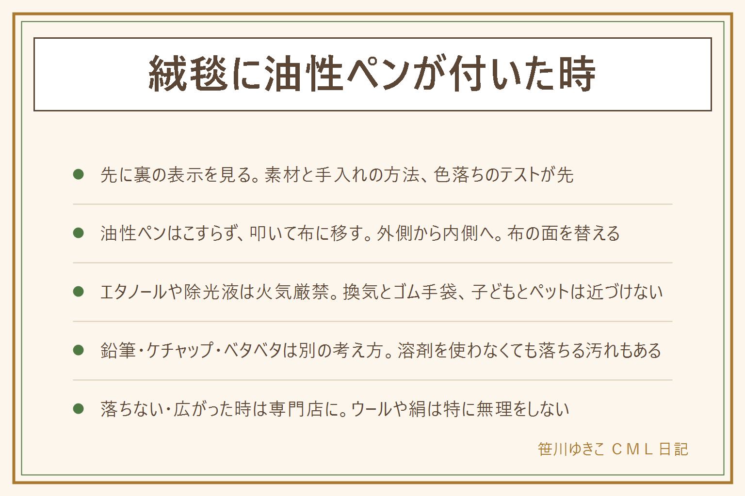 絨毯に油性ペンが付いた時の早見表:先に裏の表示で素材を見て、目立たない所で色落ちを試す。油性ペンはこすらず、汚れの下に乾いた布を敷き、エタノールを含ませた布で外側から内側へ叩いて浮かせ、布の面を替えながら移す。エタノールや除光液は火気厳禁、換気とゴム手袋、子どもとペットを近づけない。塩素系と酸性の洗剤は混ぜない。鉛筆は消しゴムで軽く、ケチャップは固形をすくって水で叩く、ベタベタは水拭き。ウールや絹、落ちない時、広がった時は専門店に相談する