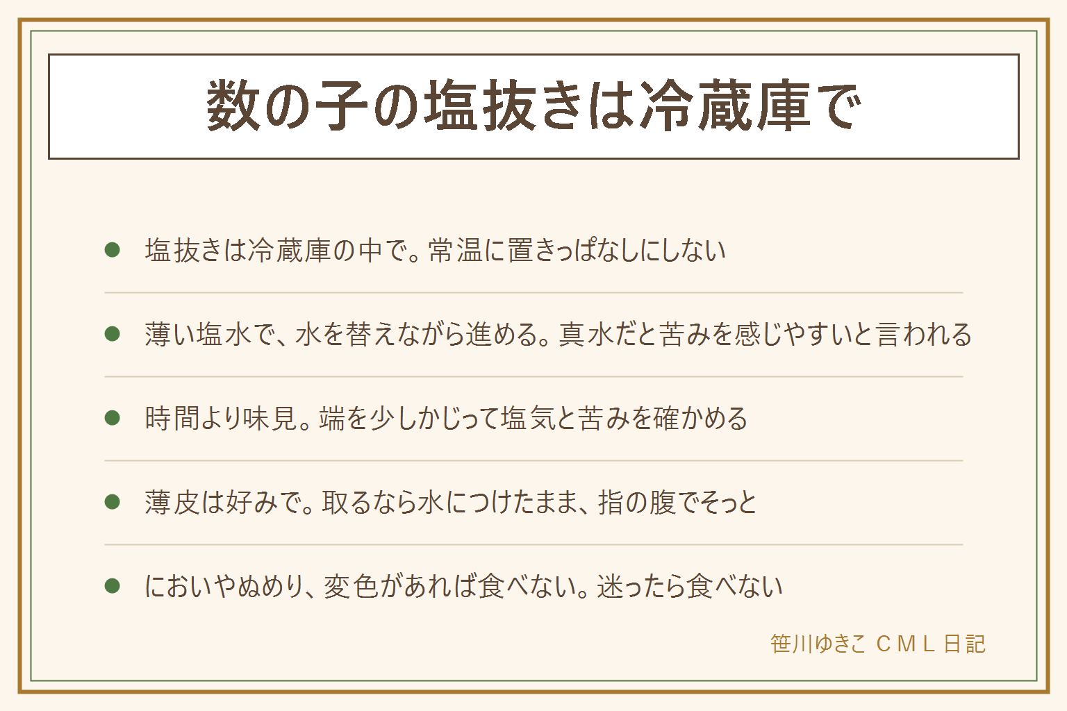 数の子の塩抜きの早見表:まず袋の表示で塩漬けか味付け済みか乾燥かを確かめる。塩漬けは、薄い塩水に浸してふたをし、傷みにくい冷蔵庫で進める。常温に置きっぱなしにしない。途中で水が濁ったら新しい薄い塩水に替え、時間ではなく端を少しかじって塩気と苦みを確かめる。まだ塩辛ければ水を替えて続け、真水だと苦みを感じやすいと言われる。薄皮は取るか取らないか好みで、取る時は水につけたまま指の腹でそっとむく。塩抜き不要と書かれた味付け済みは塩抜きをしない。においがきつい、酸っぱい、ぬめり、糸を引く、色が変わっているなどの違和感があれば迷わず食べない