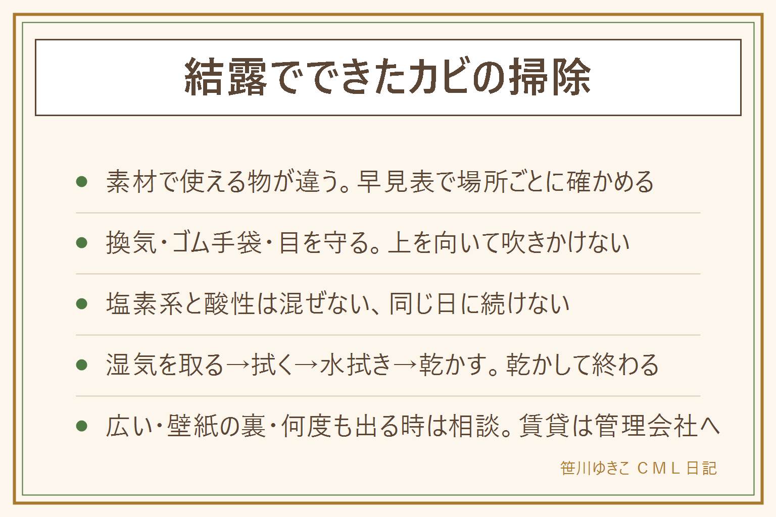 結露でできたカビの掃除の早見表:結露でカビが出やすいのは窓枠、窓下の壁紙、カーテンの裾、家具の裏、押し入れ。素材で使える物が違い、アルミ・樹脂・ガラスは薄めた中性洗剤で拭く、木の枠は固く絞った布で水拭きして洗剤は目立たない所で試す、壁紙は水を含ませすぎない、カーテンは洗濯表示を見て洗う。掃除は、換気する、ゴム手袋と目を守る、乾いた布で水気を取る、素材に合う物で拭く、固く絞った布で水拭き、乾かして終える。塩素系と酸性のものは混ぜず同じ日に続けて使わない、上を向いて吹きかけない。広い範囲、壁紙の裏まで黒い、何度も出る時は管理会社や業者に相談する。体の不調が気になる時は医療機関へ