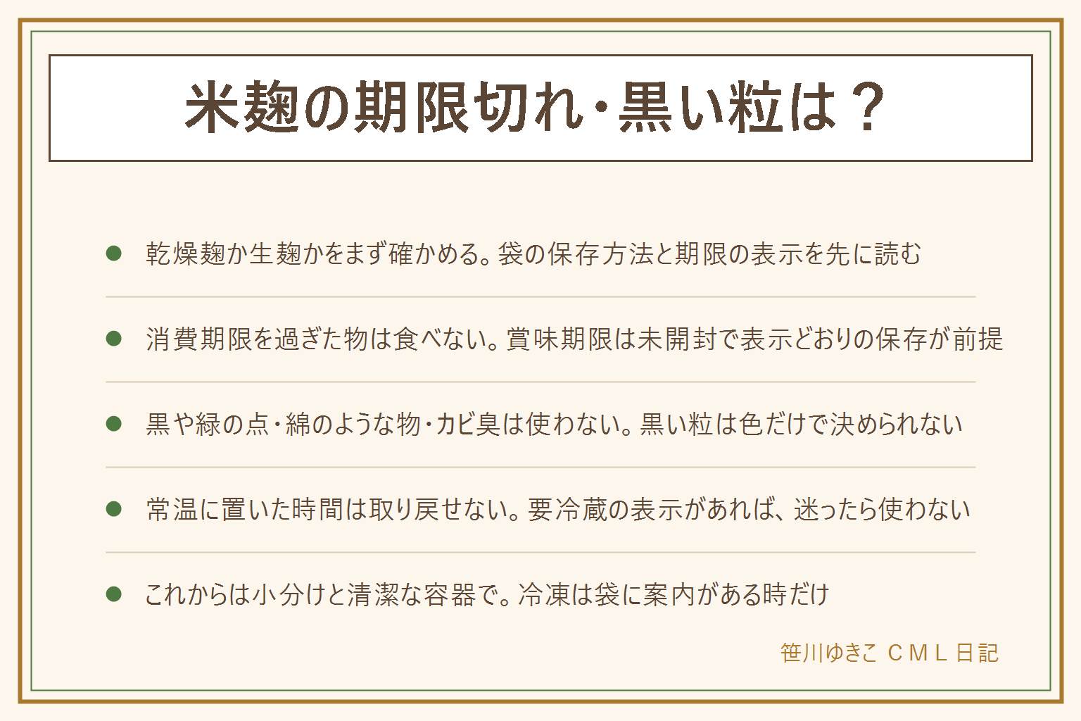 米麹の期限切れ・黒い粒の早見表:乾燥麹と生麹で袋の表示が違う、保存方法と期限の欄を先に読む。期限の4点は、賞味期限と消費期限の違い、未開封で表示どおり保存が前提、においや色やカビやぬめりなどがあれば食べない、乳幼児や高齢者や妊娠中や体調の悪い人には出さない。黒い粒は色だけで決められない、青や黒や緑の点や綿のような物やカビ臭があれば使わない、茶色い所はにおいと表面も見る。常温に置いた時間は取り戻せない、要冷蔵の表示があれば迷ったら使わない。これからは小分けと清潔な容器で保存、冷凍は袋に案内がある時だけ