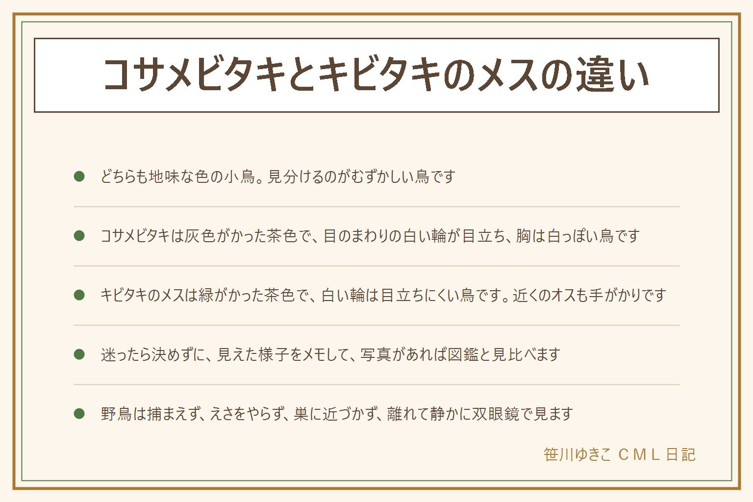 コサメビタキとキビタキのメスの違いの早見表:どちらも地味な色の小鳥。コサメビタキは灰色がかった茶色で、目のまわりの白い輪が目立ち、胸は白っぽい。キビタキのメスは緑がかった茶色で、目のまわりの白い輪は目立ちにくい。近くに黄色と黒のキビタキのオスがいれば手がかりになる。迷ったら写真を撮って図鑑と見比べる。野鳥は捕まえない、えさをやらない、巣やヒナに近づかない、鳴き声を流して呼ばない、離れて静かに双眼鏡で見る