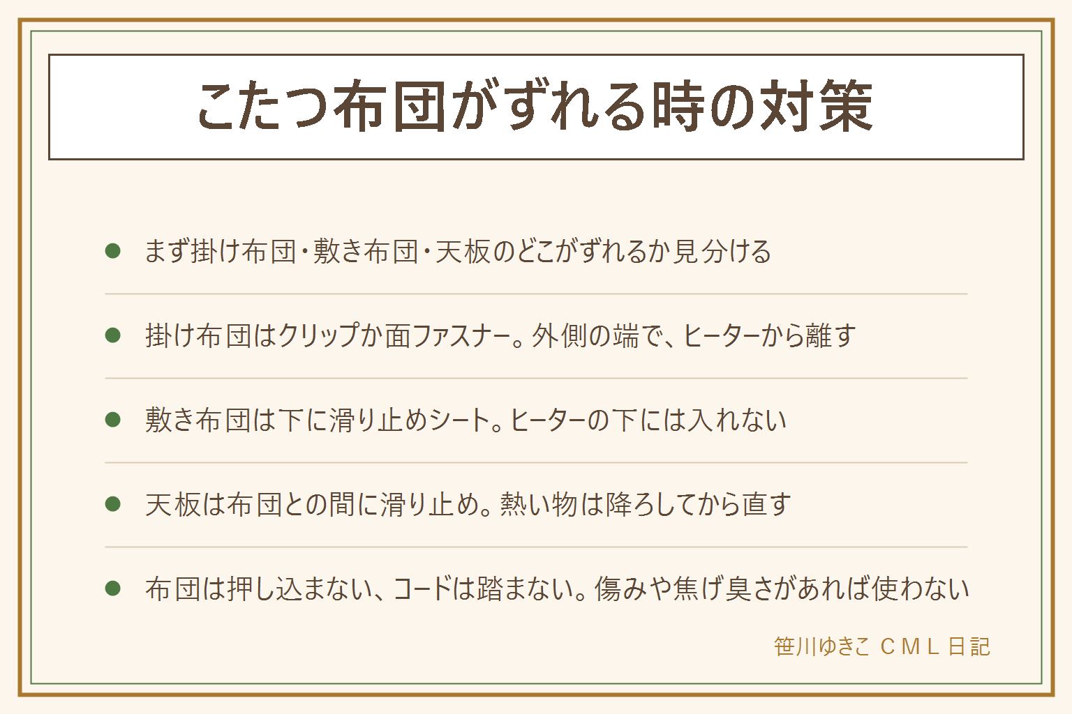 こたつ布団がずれる時の早見表:掛け布団が寄る時はやぐらの角に合わせ、布団クリップや面ファスナーで外側の端を留める。敷き布団が滑る時は下に滑り止めシート、ヒーターの下には入れない。天板が動く時は天板と布団の間に滑り止めを挟む。ヒーターに布や留め具を触れさせない、布団を押し込まない、コードを踏まない、作業は電源を切って冷めてから。コードの傷みや焦げ臭さ、異音があれば使わない。こたつで寝ない